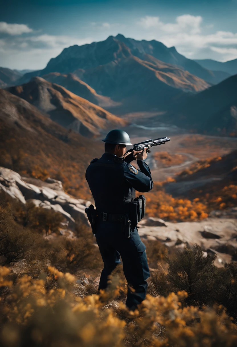 /imagine prompt: unreal engine, close up, asian, side view, A 40-year-old policeman with his head down in a shooting pose, holding a gun, making a shooting pose, on a mountain