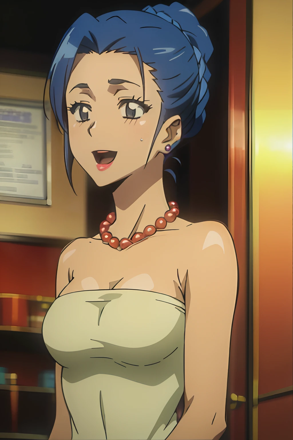 1girl, solo, jewelry, (((blue hair 1.8))), apron, necklace, earrings, smile, open mouth, looking at viewer, (top knot, brown eyes, upper body, hair up, shirt, pearl necklace, sleeveless, mature female, black eyes, :d, alternate hairstyle, collarbone, long hair, indoors, makeup, beads, blurry, short hair, stud earrings, updo, lipstick, bead necklace, empty eyes, bangs, blurry background,marge simpson,strapless, short dress, strapless dress,