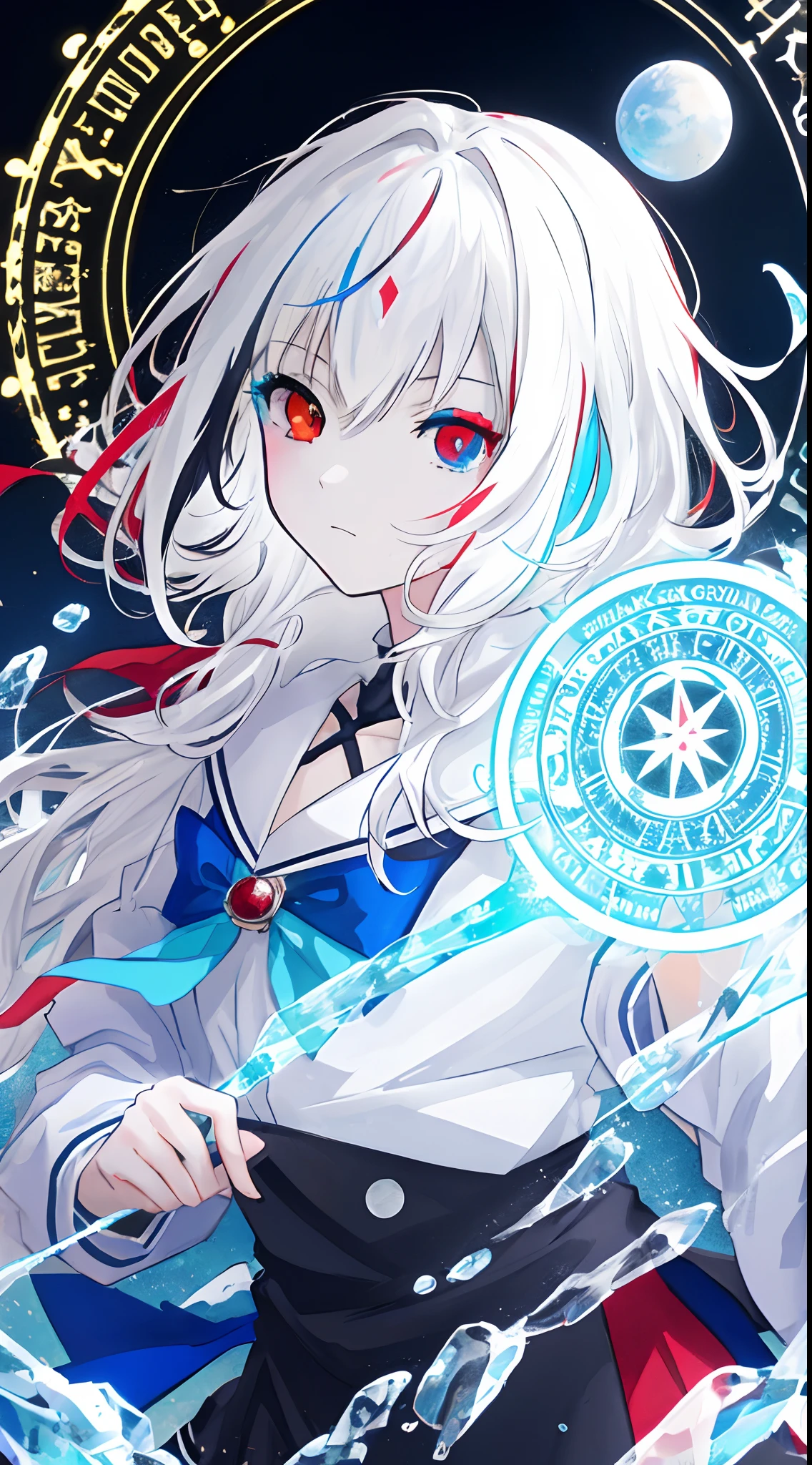 anime girl with long white hair holding a ice sword, ice magic circle, best anime 4k konachan wallpaper, white haired deity, art, anime art wallpaper 8 k, anime style 4 k, ufotable art style, detailed anime art, anime art wallpaper 4 k, anime art wallpaper 4k, white haired, anime wallaper, (((heterochromia, blue and red eyes)))