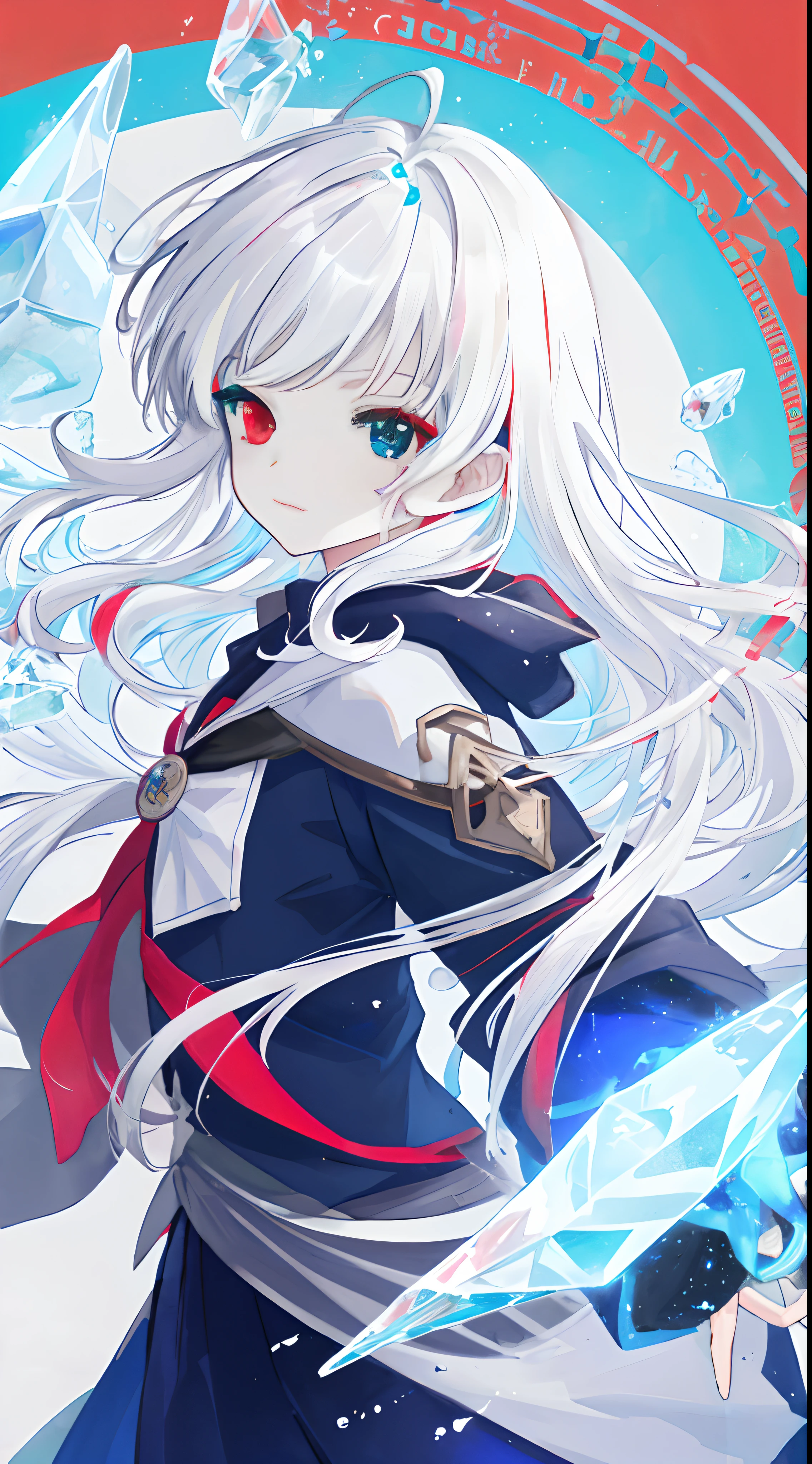 anime girl with long white hair holding a ice sword, ice magic circle, best anime 4k konachan wallpaper, white haired deity, art, anime art wallpaper 8 k, anime style 4 k, ufotable art style, detailed anime art, anime art wallpaper 4 k, anime art wallpaper 4k, white haired, anime wallaper, (((heterochromia, blue and red eyes)))