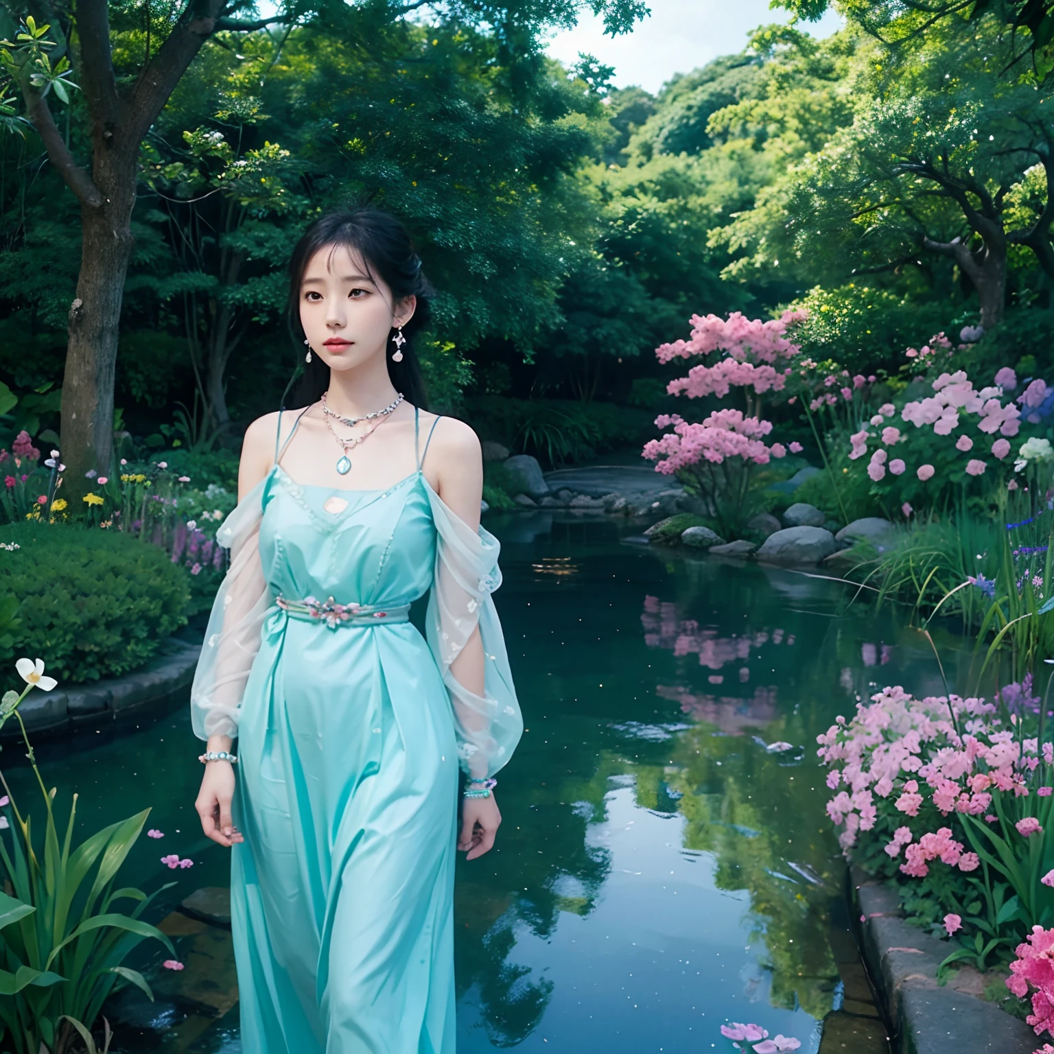 Girl in anime collar, long necklace and earrings, in the style of calm garden landscapes, Colorful animated footage, Masami Teraoka, aquamarine, Paul Gauguin, Embry Style, Honest image