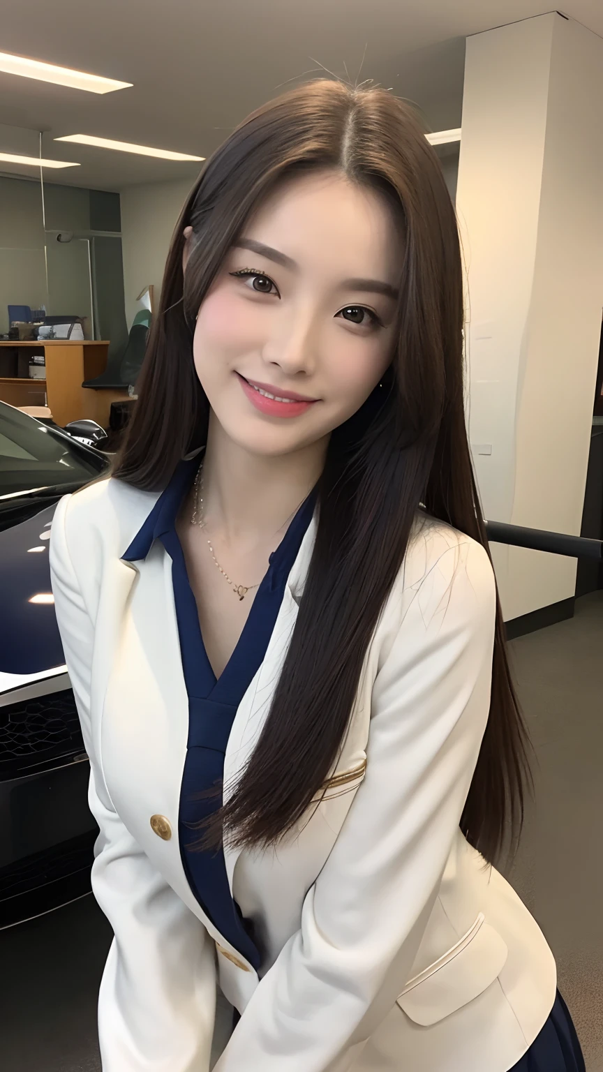 ((best qualtiy, 8K, tmasterpiece:1.3)), Focus:1.2, perfect figure beautiful woman:1.4, Cocked buttocks:1.2, ((exquisite long hair)),(Long white legs:1.3) ,(Teacher's Uniform:1.4) , (Sports cars, street: 1.2), Highly detailed facial and skin texture, A detailed eye, 二重まぶた,Whiten skin,(Straight big breasts:1.3),ssmile,Wear a necklace,gyuru