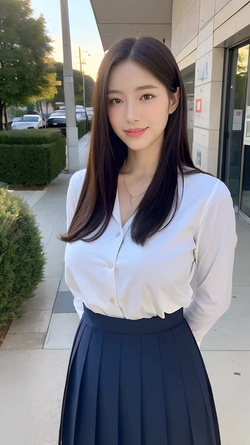 ((Best Quality, 8K, Masterpiece:1.3)), A beautiful girl, pure, melon face, gentle and cute, sweet smile, pure desire, thin figure, (frontal), (tilted head), looking directly at the camera, uniform, obi, formal, black silky long straight hair, long hair flowing over the shoulders, round black big eyes, clear big eyes, moist red lips, sweet, sitting on the side of the road, blue sky and white clouds, grass, buildings,