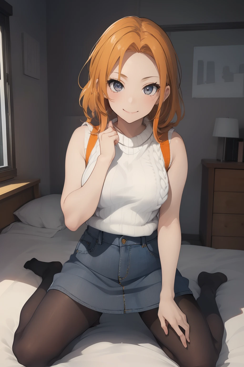 (masterpiece、top-quality、top-quality、Beautifully Aesthetic:1.2)、1 girl in、ighly detailed、highestdetailed、grey eyes、orange color hair|Semi-long blonde hair、((Sleeveless knitwear))、((pantyhose))、Matsumoto Rangiku、graffiti art、Look at the viewer、A smile、Bedroom、(sit on a bed)、((Denim miniskirt))、((White knitwear))、((Kneeling))、((Open legs))