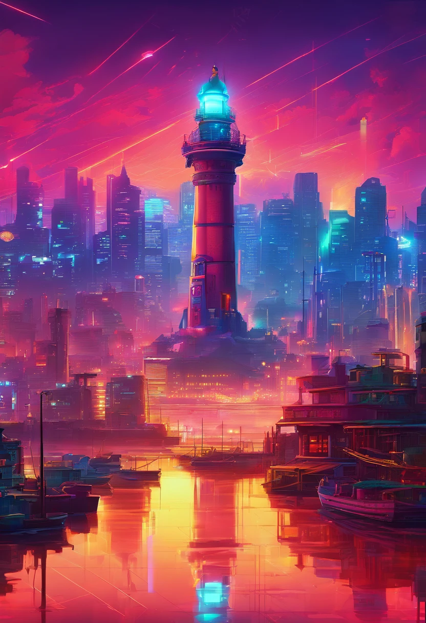 A mystical lighthouse on the edge of the beach, guiding ships with beams of radiant energy