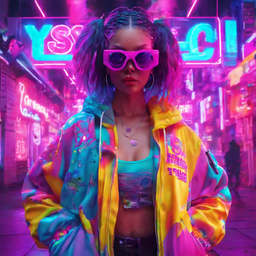 realistic, alien girl, green skin, full body colored tattoos, heart shaped glasses, long yellow slick hair with fringe, pool, cinematic lights, shining sun, drinking soda, hot day, cold drinks, chunky sneakers, neon colors