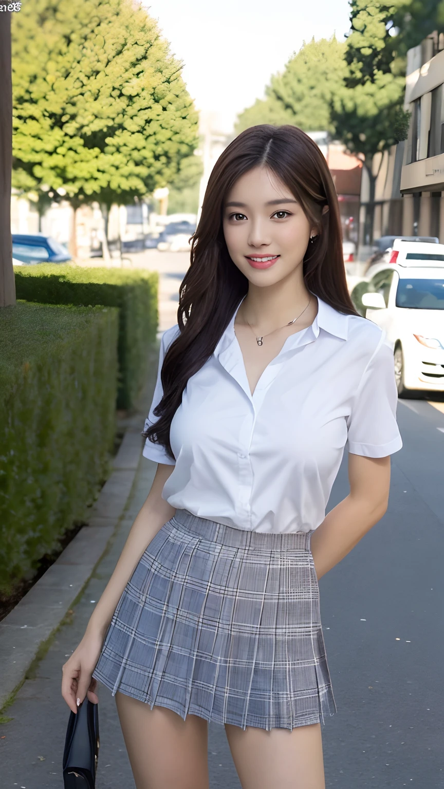 ((best qualtiy, 8K, tmasterpiece:1.3)), Focus:1.2, perfect figure beautiful woman:1.4, Cocked buttocks:1.2, ((exquisite long hair)),（Long white legs：1.3） ，(Teacher's Uniform:1.4) , (Sports cars, street: 1.2), Highly detailed facial and skin texture, A detailed eye, 二重まぶた，Whiten skin，（Straight big breasts：1.3），ssmile，Wear a necklace，gyuru