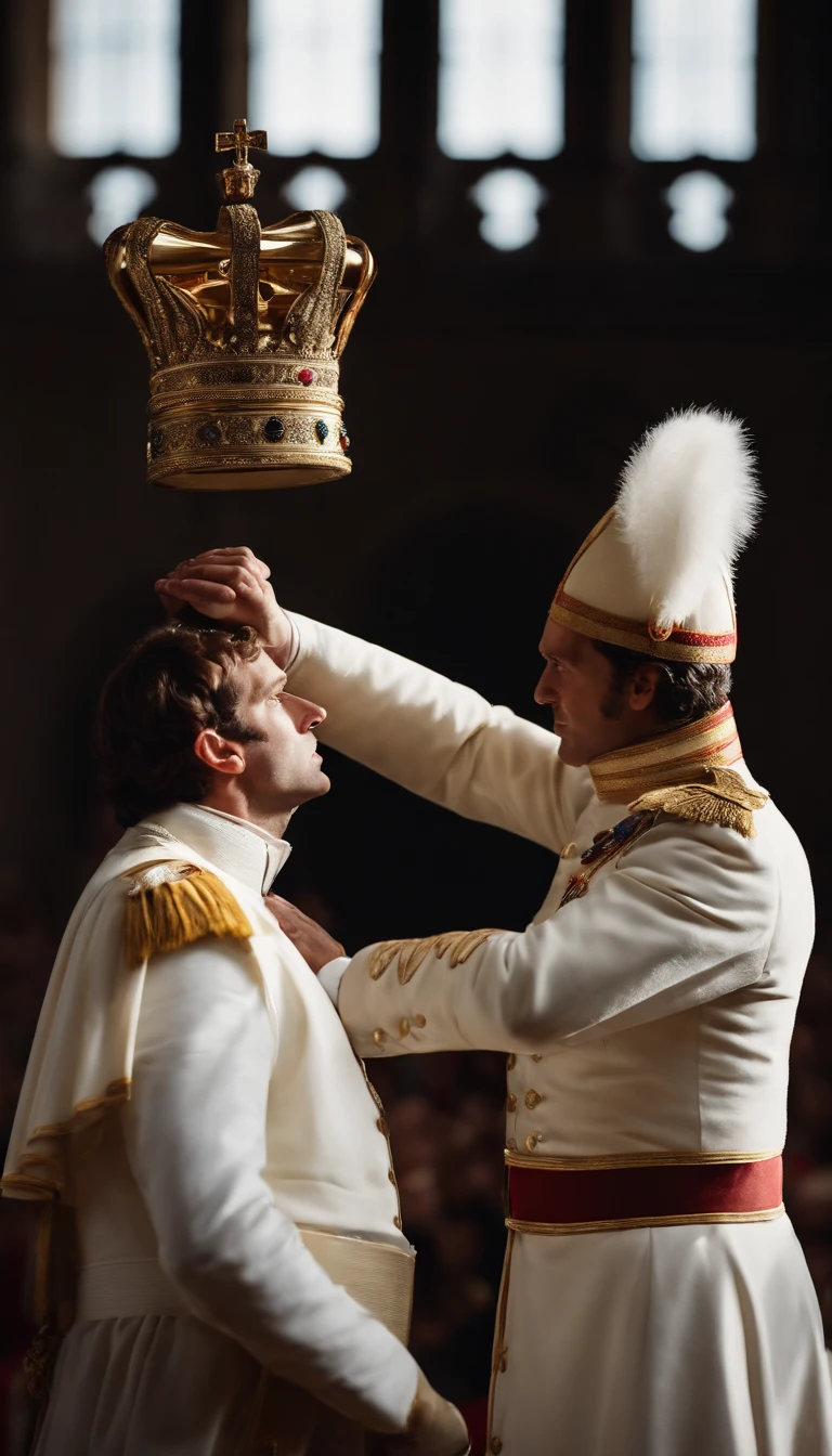 Create an image depicting Napoleon Bonaparte dramatically snatching the crown from the pope's hands and self-crowning during a grand debate.