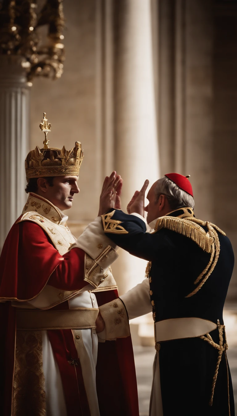 Create an image depicting Napoleon Bonaparte dramatically snatching the crown from the pope's hands and self-crowning during a grand debate.