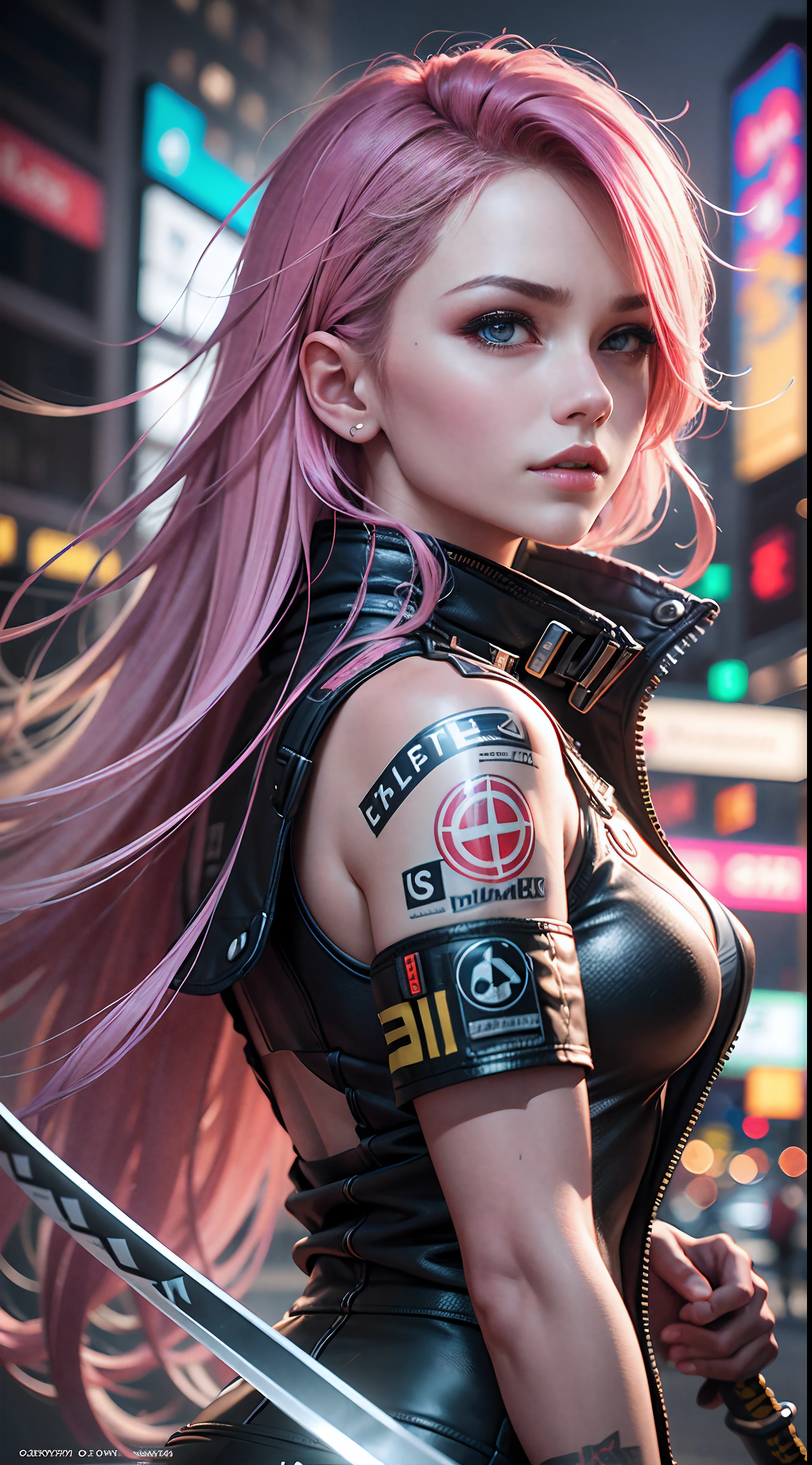 1 《Cyberpunk 2077》Pink long-haired girl with long katana，Wear a big red trench coat and shorts，Cyberpunk 2077，Extreme light and shadow，Aurora chase，extremelycomplicateddetails，Extremely strong reflected light，Extreme ambient light，the city that never sleeps，Analog cameras，rendering by octane，8K，CGSociety trends，Extremely complex and delicate eye structure，facing at the camera，neon light detail，globalillumination，Super delicate facial features，Cold，Very detailed pupil structure，Look back at the full body close-up。Neon scene at night，Long neon hair，（Perfect body 1.1）（Height 1.68 meters）Super realistic，The moment you sprint with a knife