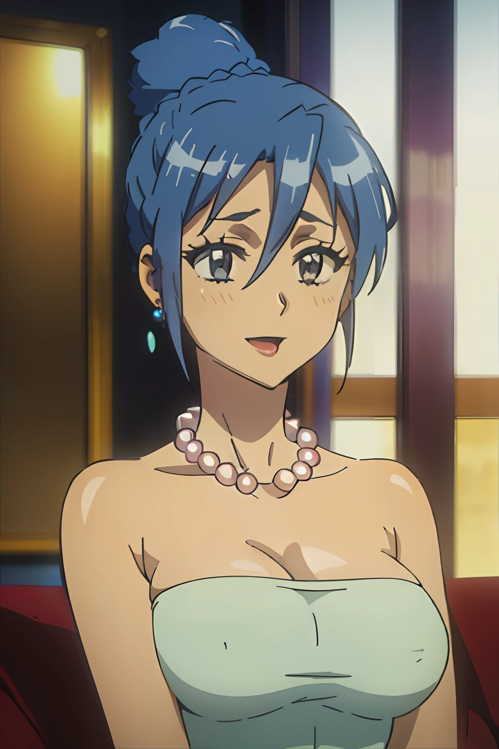 1girl, solo, jewelry, (((blue hair 1.8))), apron, necklace, earrings, smile, open mouth, looking at viewer, (top knot, brown eyes, upper body, hair up, shirt, pearl necklace, sleeveless, mature female, black eyes, :d, alternate hairstyle, collarbone, long hair, indoors, makeup, beads, blurry, short hair, stud earrings, updo, lipstick, bead necklace, empty eyes, bangs, blurry background,marge simpson,strapless, short dress, strapless dress, huge breasts