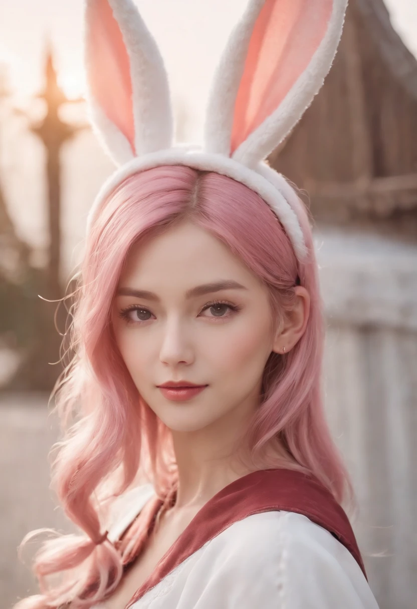 Anime style, Cartoon close-up of a woman with ears and a rabbit tail, There is a rabbit tail, With rabbit ears, Girl design, Mara, Portrait, Gisha, Anime image, Long hair, Pink hair, hair covering ears, cheerfulness, Polished and powerful appearance, Exotic, Tall