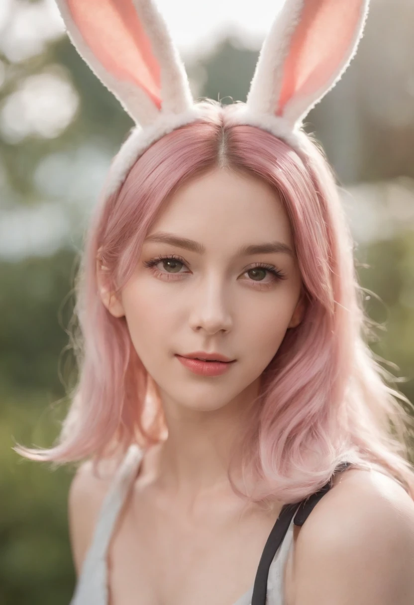 Anime style, Cartoon close-up of a woman with ears and a rabbit tail, There is a rabbit tail, With rabbit ears, Girl design, Mara, Portrait, Gisha, Anime image, Long hair, Pink hair, hair covering ears, cheerfulness, Polished and powerful appearance, Exotic, Tall