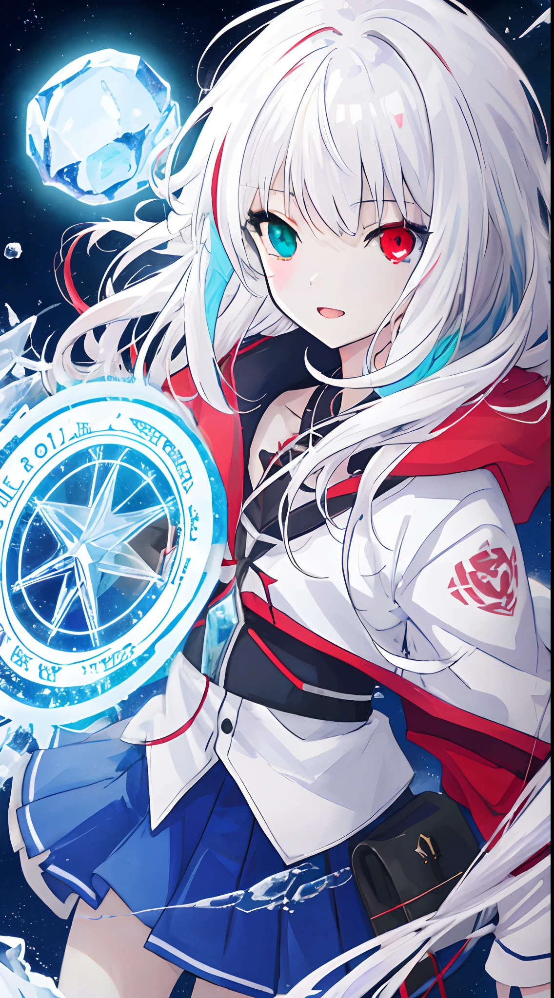 anime girl with long white hair holding a ice sword, ice magic circle, best anime 4k konachan wallpaper, white haired deity, art, anime art wallpaper 8 k, anime style 4 k, ufotable art style, detailed anime art, anime art wallpaper 4 k, anime art wallpaper 4k, white haired, anime wallaper, (((heterochromia, blue and red eyes)))