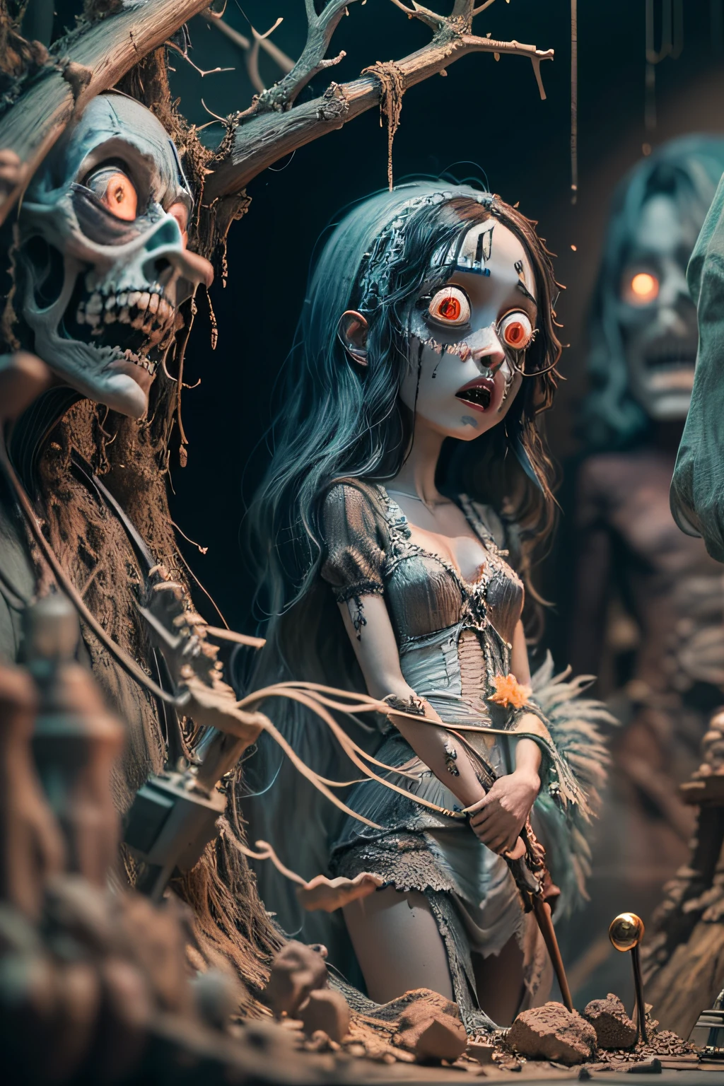 image wax figures in isolated horror scenes melting with intense heat, high temperature, realistic 3d style image art in tim burton style, image reference coraline, corpse bride