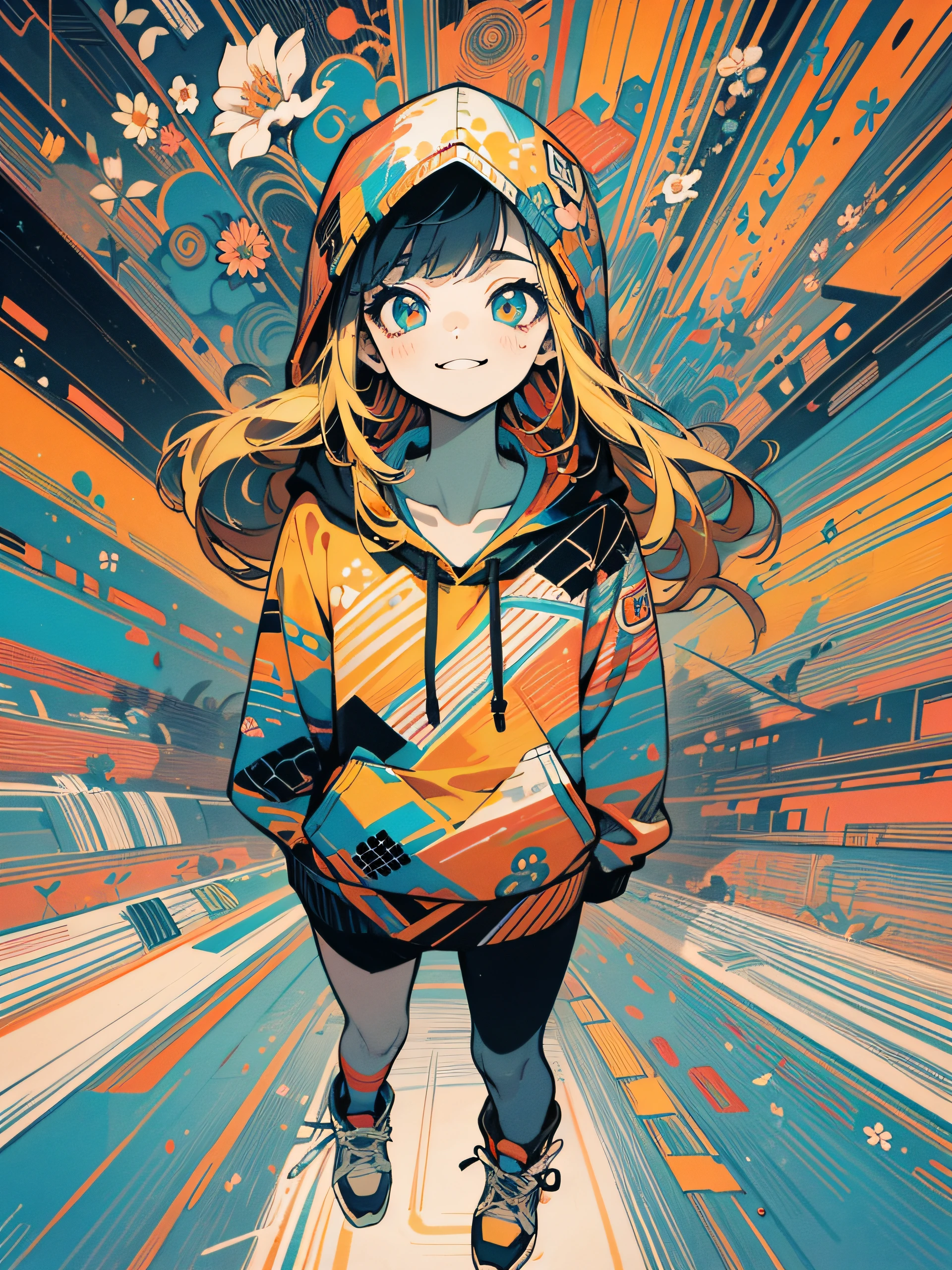 masterpiece, ultra-high quality, ( ultra detailed original illustration),( little girl joyful facial expression, perfect eye, long hair, smile,full body, perfect body), arms behind back, dynamic angle,((street wear,hoodie fashion)), ((flowers sakura)(graffiti)), double exposure, fussion of fluid abstract art, glitch, ( 2d), ( original illustration composition), ( fusion of limited color, maximalism artstyle, geometric artstyle, fire, junk art), yellow theme, background black