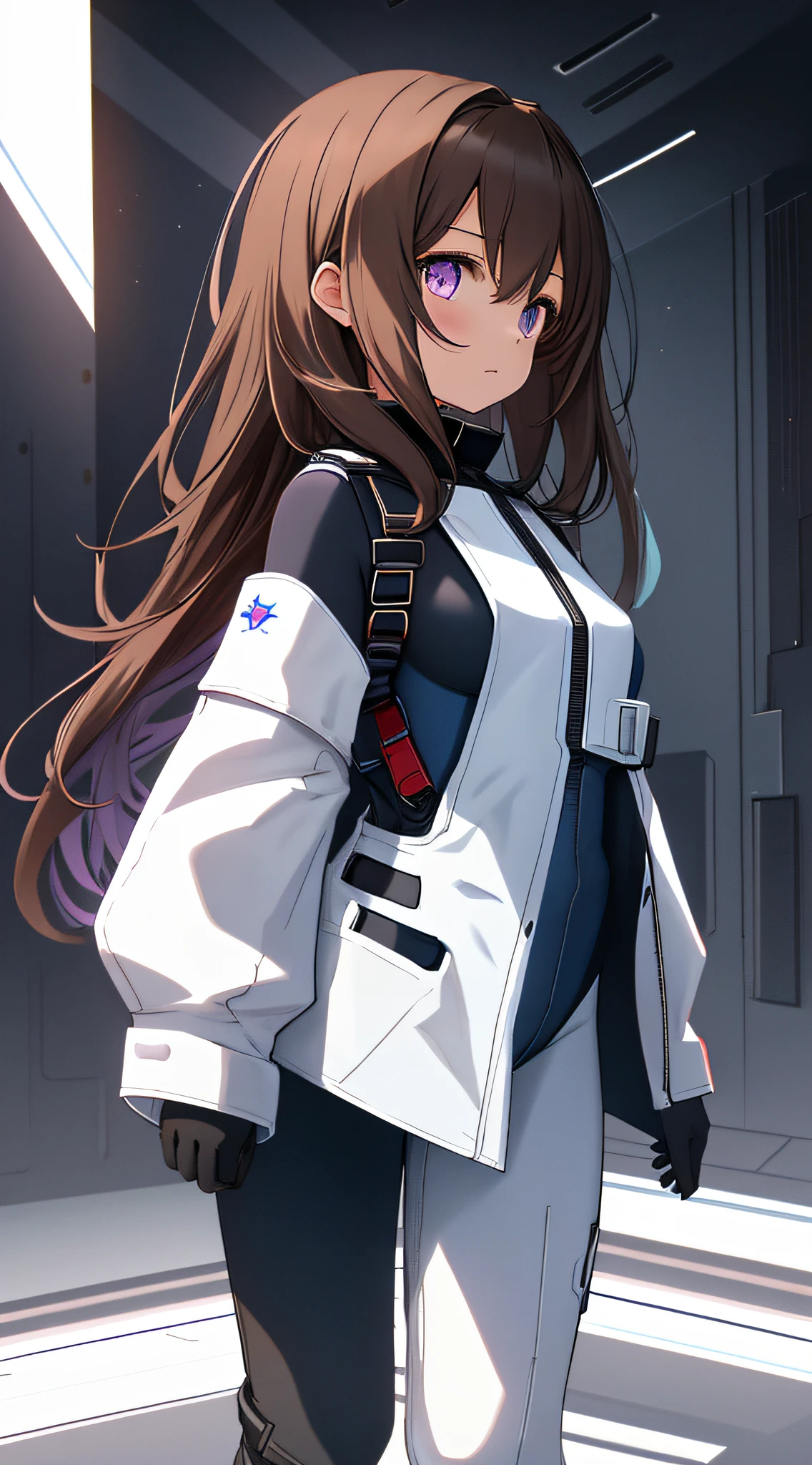 1girl, young girl, solo, a drawing of an android girl, (((loli))), ((short height)), breasts, (((long brown hair))), ((side parted front hair)), ((purple eyes)), shy expression, (((((black and dark blue high-leg bodysuit))))), ((fighter pilot harness)), ((fighter pilot gear)), ((((white background)))), (((no lighting))), ((((inside a white room)))), (standing towards viewer), (looking towards viewer), arms down, sci-fi, futuristic