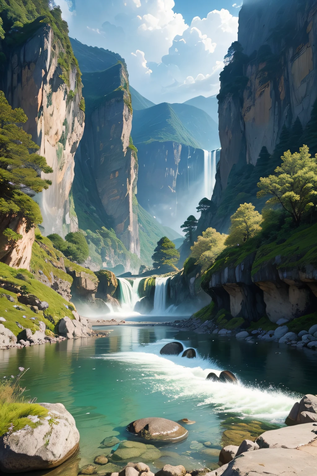A mythical valley in the heart of a Japanese-inspired landscape. Surrounding peaks rise steeply, their summits lost in the embrace of the clouds. These mountains are covered in deep green foliage, with hints of cherry blossoms.
River:
Starting from a source high within the mountains, the river winds its way down, its surface shimmering under the gentle touch of the sun. The water is clear, revealing the rounded pebbles and fish that make their home within. Every so often, Koi fish, vibrant in oranges, reds, and whites, jump out of the water, creating ripples that disturb the river's calm demeanor momentarily.
Waterfalls:
At several points, the river cascades over cliffs, forming majestic waterfalls. They thunder into the pools below, sending mist into the air. Rainbows often form in this mist, giving the place a surreal, dreamy feel.
Rocks:
Huge, moss-covered boulders are scattered around the river, some even jutting out from the water itself. These rocks have seen ages go by and serve as resting places for birds and small creatures. Occasionally, a dragonfly or two can be seen hovering over the river, casting tiny shadows on the rocks below.