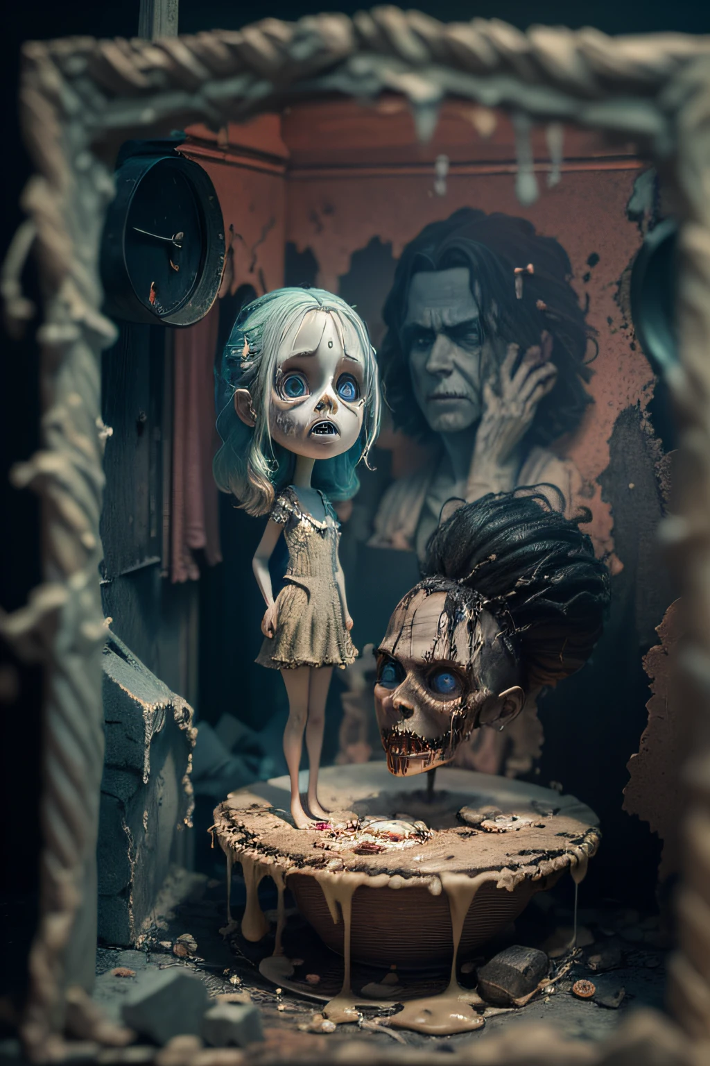 image wax figures in isolated horror scenes melting with intense heat, high temperature, realistic 3d style image art in tim burton style, image reference coraline, corpse bride