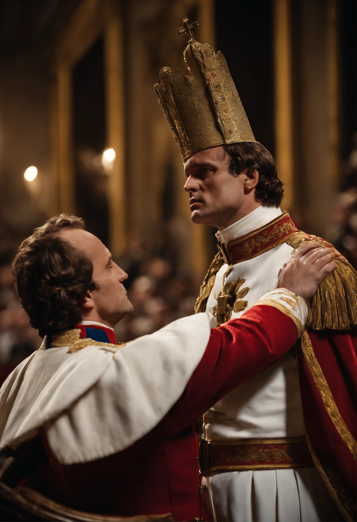 Create an image depicting Napoleon Bonaparte dramatically snatching the crown from the pope's hands and self-crowning during a grand debate. , cinemactic,