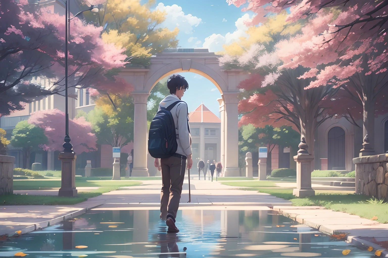 an university male student ,walk through the university campus, spring, (beautiful waterhole reflection), on the flag stone path, breeze blow ,(anime style), (cinematic lighting), (ray tracing), ((reflection light)), ((half-body-shot)), atmospheric perspective, masterpiece, accurate, ((best quality)), high quality, super detail, high details, anatomically correct, highRes, 1080p,