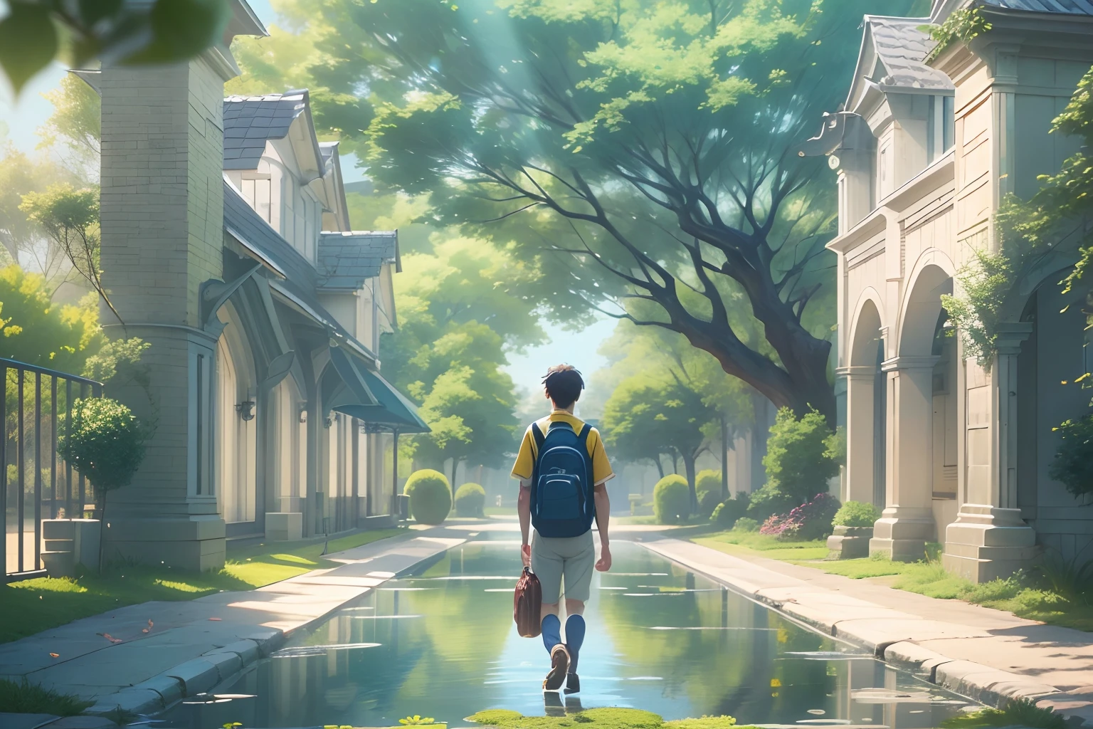 an university male student ,walk through the university campus, spring, (beautiful waterhole reflection), on the flag stone path, breeze blow ,(anime style), (cinematic lighting), (ray tracing), ((reflection light)), ((half-body-shot)), atmospheric perspective, masterpiece, accurate, ((best quality)), high quality, super detail, high details, anatomically correct, highRes, 1080p,