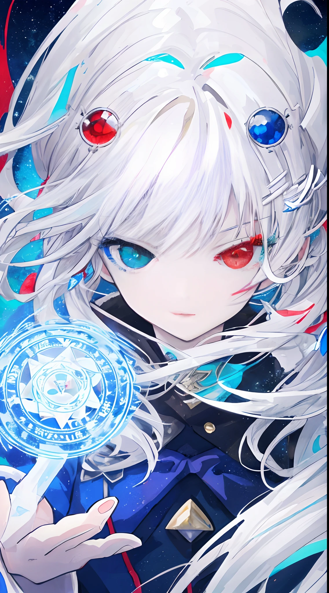 anime girl with long white hair holding a ice sword, ice magic circle, best anime 4k konachan wallpaper, white haired deity, art, anime art wallpaper 8 k, anime style 4 k, ufotable art style, detailed anime art, anime art wallpaper 4 k, anime art wallpaper 4k, white haired, anime wallaper, (((heterochromia, blue and red eyes)))