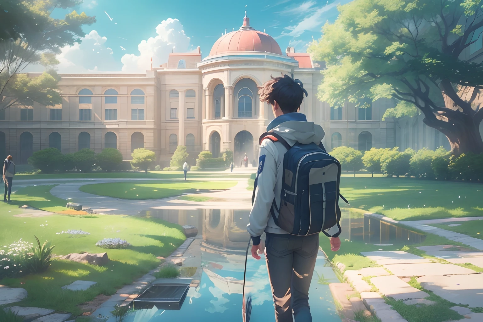 an university male student ,walk through the university campus, spring, (beautiful waterhole reflection), on the flag stone path, breeze blow ,(anime style), (cinematic lighting), (ray tracing), ((reflection light)), ((half-body-shot)), atmospheric perspective, masterpiece, accurate, ((best quality)), high quality, super detail, high details, anatomically correct, highRes, 1080p,