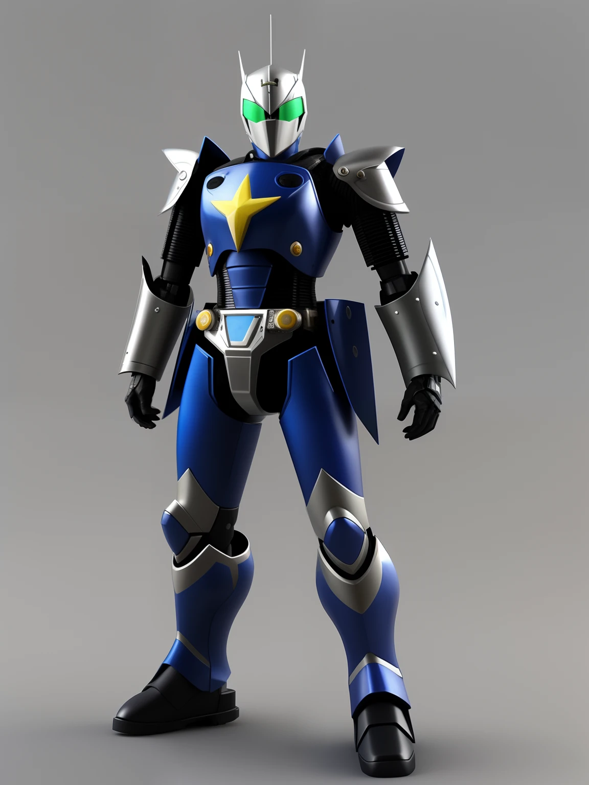 Robô com uma espada e um capacete, Kamen Rider Character, 3 D Render of Jerma 9 8 5, Cyber Japan Style Armor, Cyber Japan Armor, Cel Shapped PBR, Tokusatsu, Tokusatsu Suit Vaporwave, Samurai Jetstream Sam, High Fantasy Kamen Rider, Silver Cyber Armor, Cyber Fight Armor,