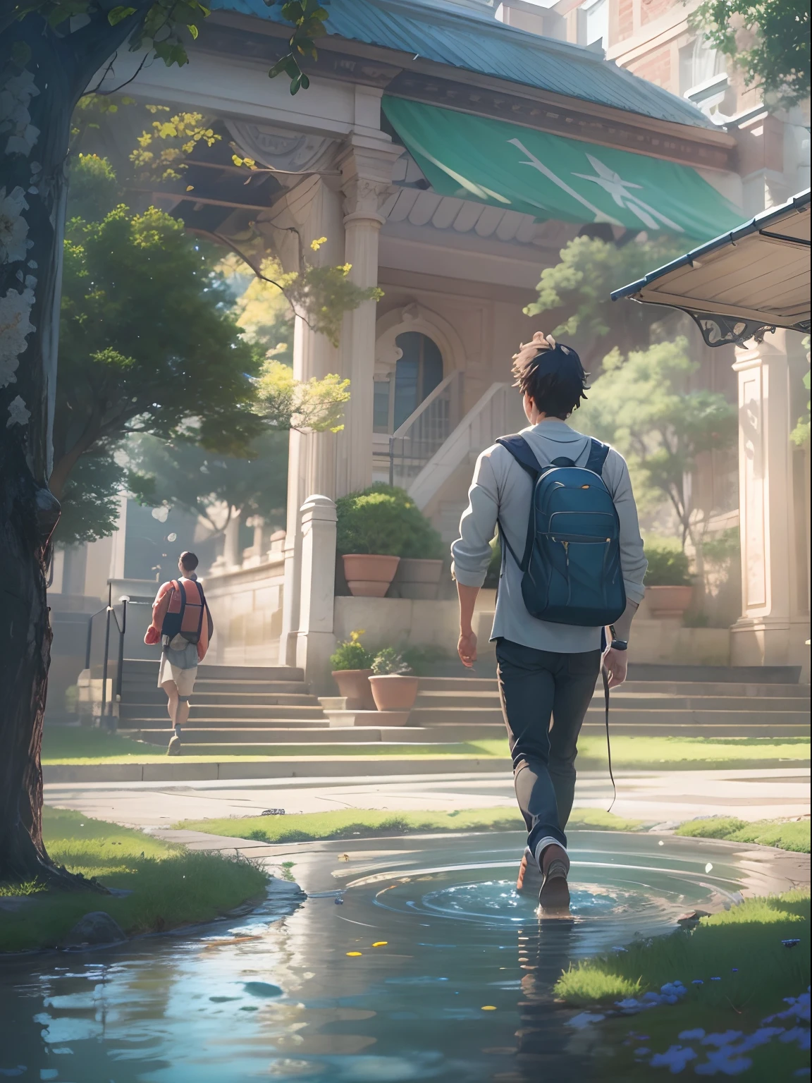 an university male student ,walk through the university campus, spring, (beautiful waterhole reflection), on the flag stone path, breeze blow ,(anime style), (cinematic lighting), (ray tracing), ((reflection light)), ((half-body-shot)), atmospheric perspective, masterpiece, accurate, ((best quality)), high quality, super detail, high details, anatomically correct, highRes, 1080p,