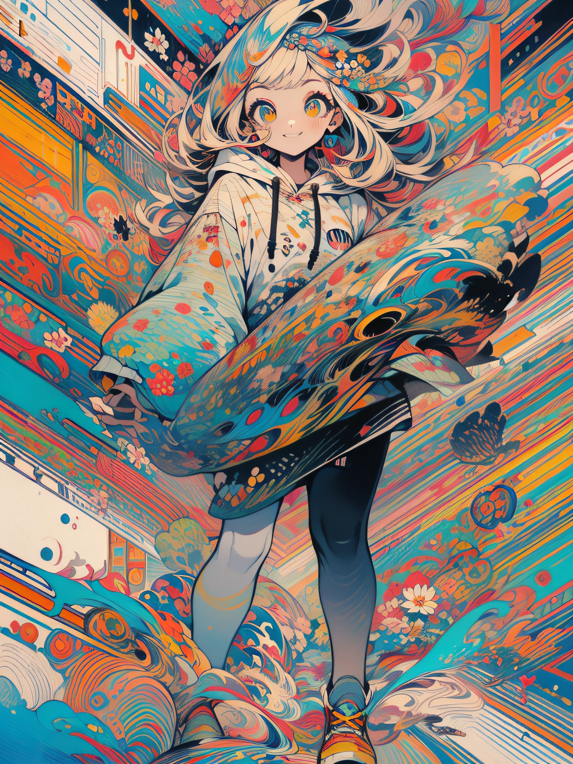 masterpiece, ultra-high quality, ( ultra detailed original illustration),( joyful facial expression, perfect eye, long hair, smile,full body, perfect body),dancing, ((street wear,hoodie fashion)), ((flowers sakura)(graffiti)), double exposure, fussion of fluid abstract art, glitch, ( 2d), ( original illustration composition), ( fusion of limited color, maximalism artstyle, geometric artstyle, fire, junk art), yellow theme, background black