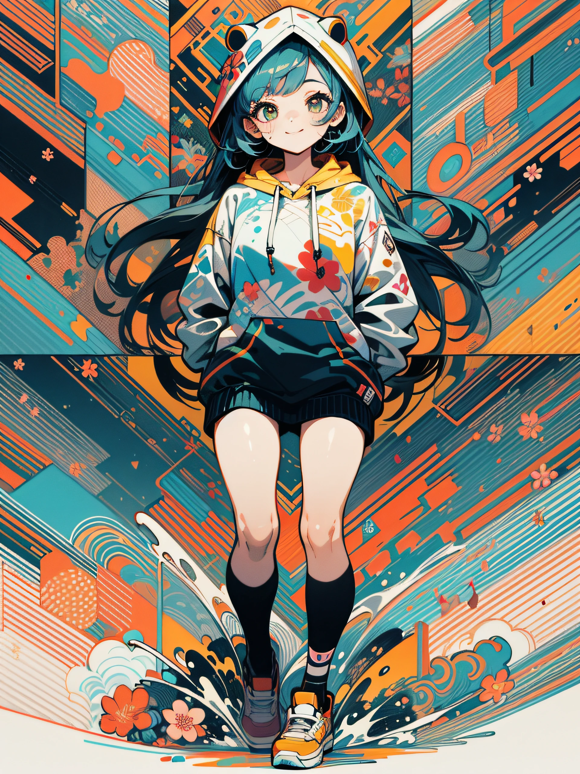masterpiece, ultra-high quality, ( ultra detailed original illustration),( little girl joyful facial expression, perfect eye, long hair, smile,full body, perfect body), arms behind back, dynamic angle,((street wear,hoodie fashion)), ((flowers sakura)(graffiti)), double exposure, fussion of fluid abstract art, glitch, ( 2d), ( original illustration composition), ( fusion of limited color, maximalism artstyle, geometric artstyle, fire, junk art), yellow theme, background black