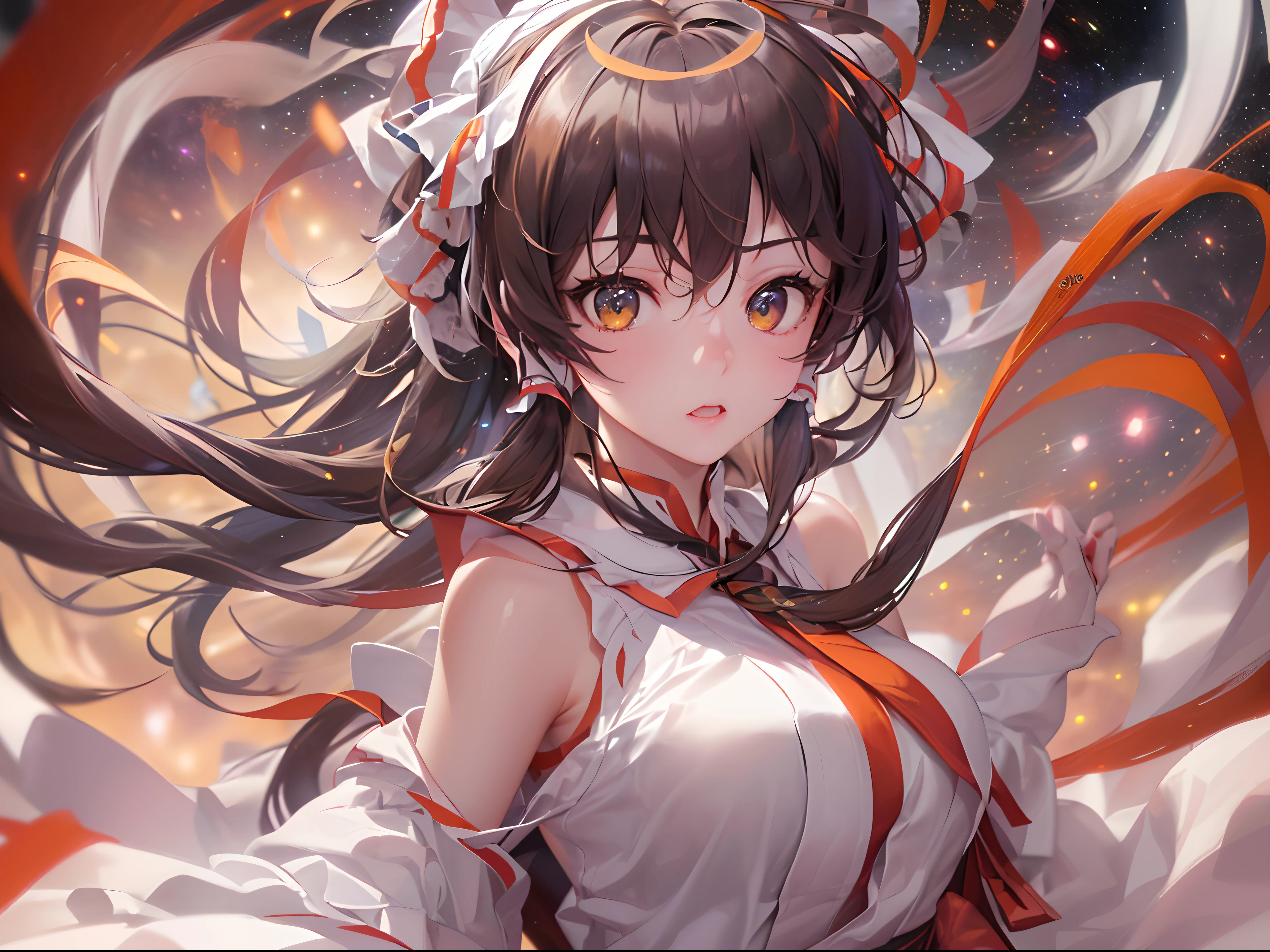 (((hakurei reimu:1.1,)))(((expressive hair,straight hair,supple hair,long hair,pointy hair,long bangs,high ponytail,french braid,brown hair,brown eyes, nontraditional miko))),((white gloves)),(((((Break,design an image with fisheye lens effect,capturing a wide field of view with a distinctive, curved perspective.Break,))))((1girl:1.1,Solo,))(Masterpiece,Best quality, offcial art, Beautiful and aesthetic:1.2),((超高分辨率,)) (16k),((deep field:1.7)),((((hair ribbons,hair tubes,))))Dynamic lighting,(((rich background,)))(((microshot))))(Sunset,)(((flying on the clouds,colourfulclouds,warm clouds,))),((hypersurreal)),Physically-based rendering,automatic white balance),Amazing,Sharp focus,Natural background, (((highdetailskin,zoom layer,)))Dynamic lighting,Intricately detailed clothing,Slender,((breeze)),(masterpiece sidelighting),(The sheen),(((Delicate fingers and hands:0.55))::0.85))),(Detail fingers),(((Superior photographic quality))),((unbelievable Ridiculous,))((extremely_Detailed_Eyes_and_face)),(Dynamic configuration: 1.2),Brilliant,Striking contrast,High saturation,Sony F and 24-105mm f / Use a Sony Alpha 4 mirrorless camera with 1G OSS lenses, reflector, (hyper realisitic:1.4),anatomically correct, textured skin, high details, high quality, super detail, best quality, award winning, highres,