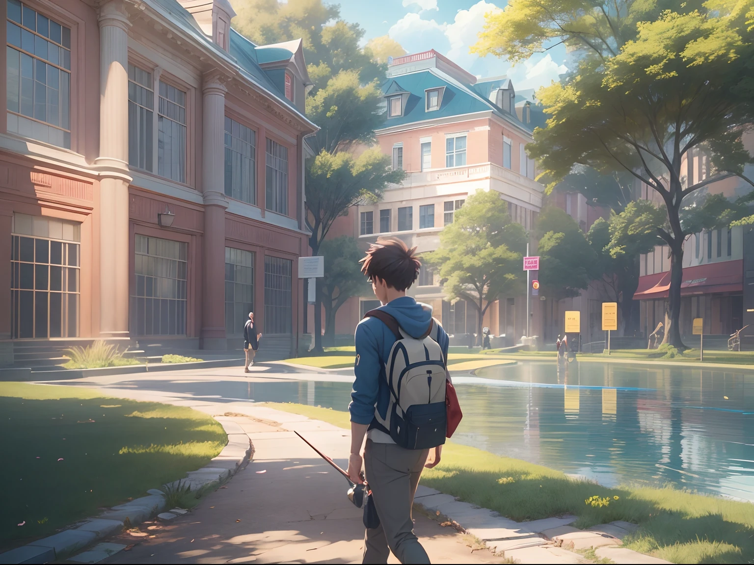 an university male student ,walk through the university campus, spring, (beautiful waterhole reflection), on the flag stone path, breeze blow ,(anime style), (cinematic lighting), (ray tracing), ((reflection light)), ((half-body-shot)), atmospheric perspective, masterpiece, accurate, ((best quality)), high quality, super detail, high details, anatomically correct, highRes, 1080p,