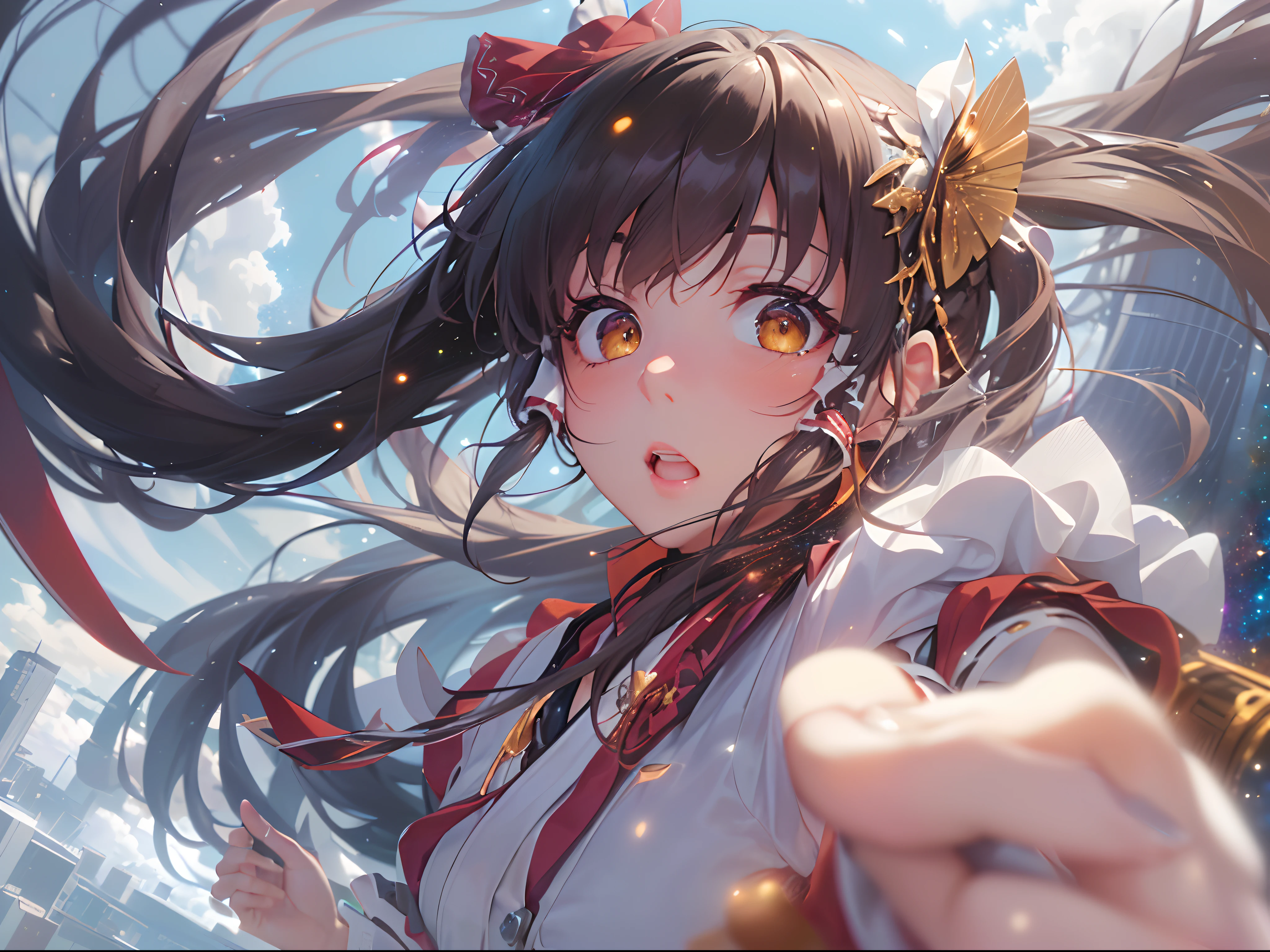 (((hakurei reimu:1.1,)))(((expressive hair,straight hair,supple hair,long hair,pointy hair,long bangs,high ponytail,french braid,brown hair,brown eyes, nontraditional miko))),((white gloves)),(((((Break,design an image with fisheye lens effect,capturing a wide field of view with a distinctive, curved perspective.Break,))))((1girl:1.1,Solo,))(Masterpiece,Best quality, offcial art, Beautiful and aesthetic:1.2),((超高分辨率,)) (16k),((deep field:1.7)),((((hair ribbons,hair tubes,))))Dynamic lighting,(((rich background,)))(((microshot))))(Sunset,)(((flying on the clouds,colourfulclouds,warm clouds,))),((hypersurreal)),Physically-based rendering,automatic white balance),Amazing,Sharp focus,Natural background, (((highdetailskin,zoom layer,)))Dynamic lighting,Intricately detailed clothing,Slender,((breeze)),(masterpiece sidelighting),(The sheen),(((Delicate fingers and hands:0.55))::0.85))),(Detail fingers),(((Superior photographic quality))),((unbelievable Ridiculous,))((extremely_Detailed_Eyes_and_face)),(Dynamic configuration: 1.2),Brilliant,Striking contrast,High saturation,Sony F and 24-105mm f / Use a Sony Alpha 4 mirrorless camera with 1G OSS lenses, reflector, (hyper realisitic:1.4),anatomically correct, textured skin, high details, high quality, super detail, best quality, award winning, highres,
