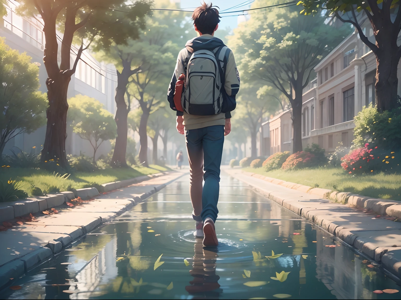 an university male student ,walk through the university campus, spring, (beautiful waterhole reflection), on the flag stone path, breeze blow ,(anime style), (cinematic lighting), (ray tracing), ((reflection light)), ((half-body-shot)), atmospheric perspective, masterpiece, accurate, ((best quality)), high quality, super detail, high details, anatomically correct, highRes, 1080p,