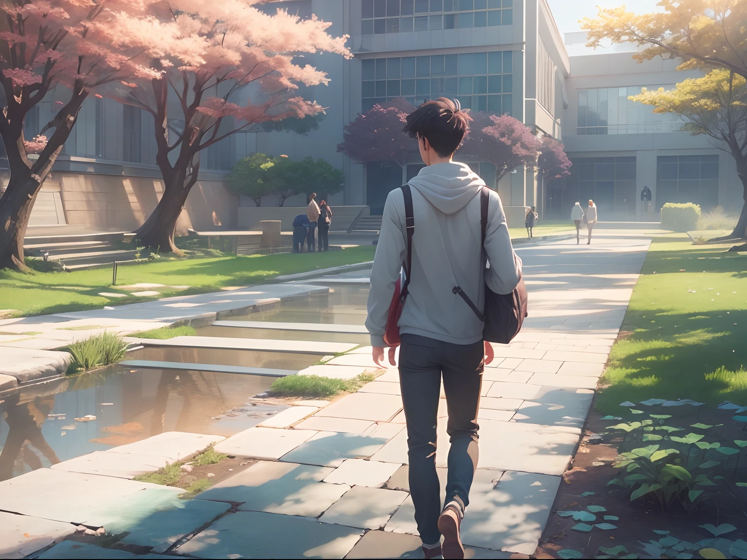 an university male student ,walk through the university campus, spring, (beautiful waterhole reflection), on the flag stone path, breeze blow ,(anime style), (cinematic lighting), (ray tracing), ((reflection light)), ((half-body-shot)), atmospheric perspective, masterpiece, accurate, ((best quality)), high quality, super detail, high details, anatomically correct, highRes, 1080p,