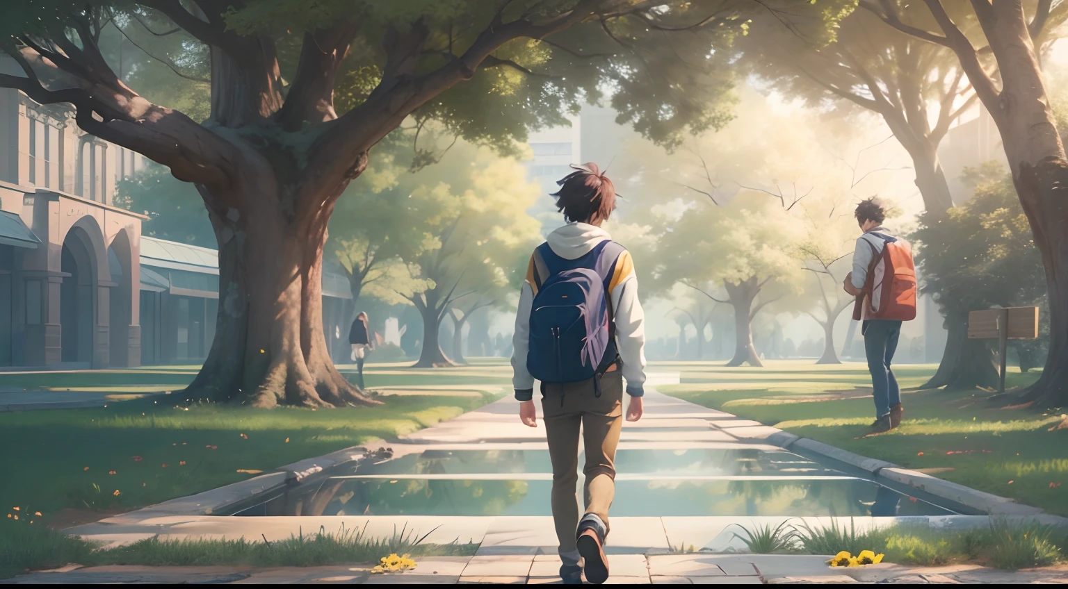 an university male student ,walk through the university campus, spring, (beautiful waterhole reflection), on the flag stone path, breeze blow ,(anime style), (cinematic lighting), (ray tracing), ((reflection light)), ((half-body-shot)), atmospheric perspective, masterpiece, accurate, ((best quality)), high quality, super detail, high details, anatomically correct, highRes, 1080p,