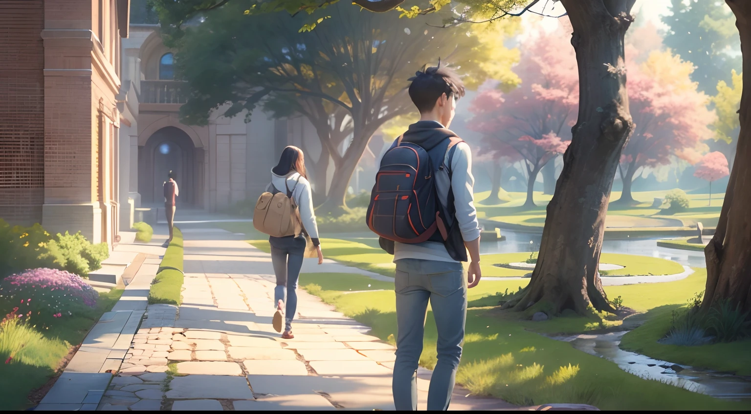 an university male student ,walk through the university campus, spring, (beautiful waterhole reflection), on the flag stone path, breeze blow ,(anime style), (cinematic lighting), (ray tracing), ((reflection light)), ((half-body-shot)), atmospheric perspective, masterpiece, accurate, ((best quality)), high quality, super detail, high details, anatomically correct, highRes, 1080p,