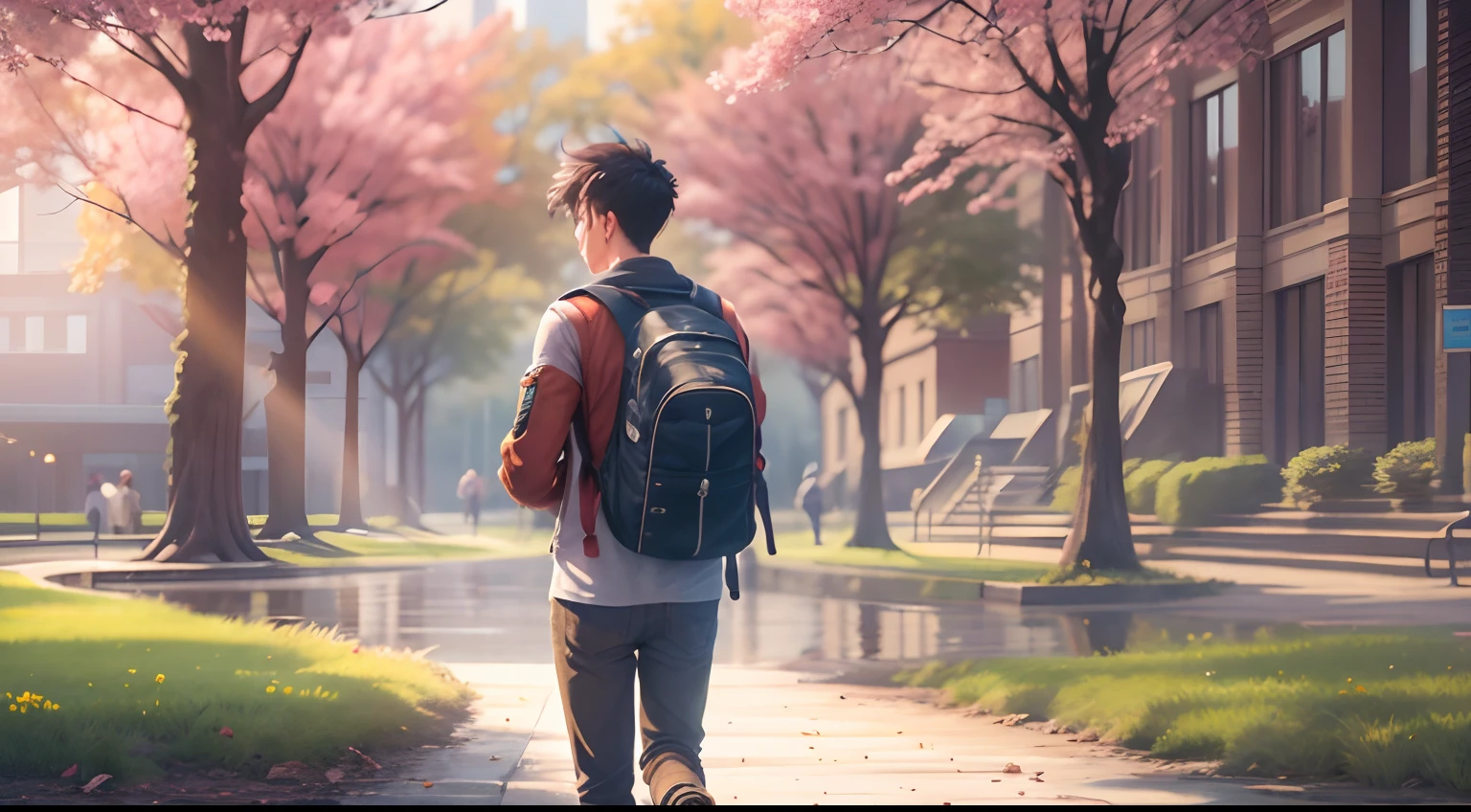 an university male student ,walk through the university campus, spring, (beautiful waterhole reflection), on the flag stone path, breeze blow ,(anime style), (cinematic lighting), (ray tracing), ((reflection light)), ((half-body-shot)), atmospheric perspective, masterpiece, accurate, ((best quality)), high quality, super detail, high details, anatomically correct, highRes, 1080p,