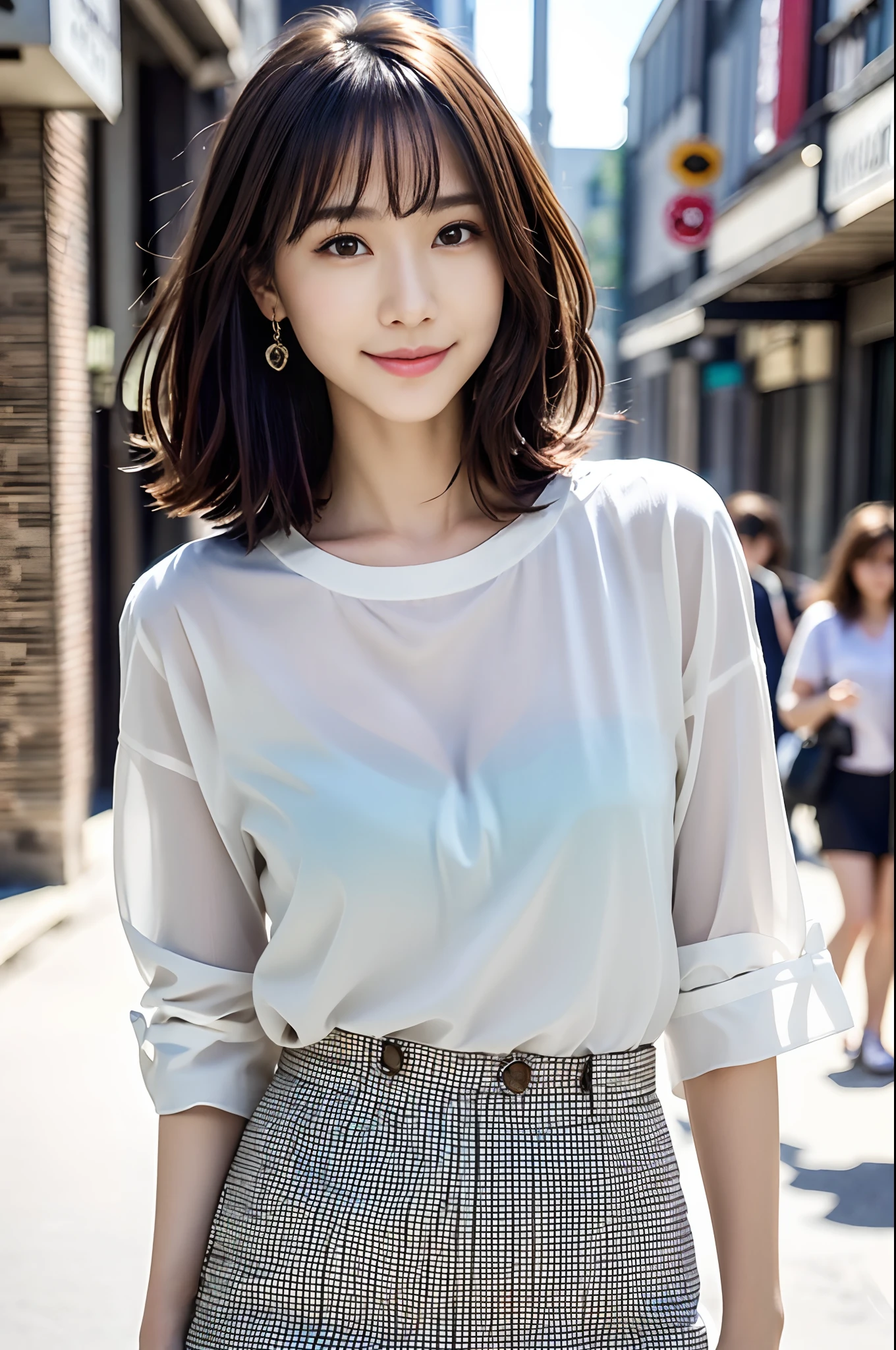 (8k, RAW photos, top quality, masterpiece: 1.2), ultra detailed, super resolution, (real, real photos: 1.37), portraits, high definition RAW color photos, professional photos, very detailed and beautiful, highly detailed, 8k wallpapers, amazing details, huge file size, official art, highly detailed CG Unity 8k wallpapers, highly detailed beautiful girls, highly detailed facesHighly detailed eyes, highly detailed skin, highly detailed fingers, highly detailed nose, highly detailed mouth, perfect anatomy, highly detailed background, highly detailed clothing, one girl, (18:1.2), , cute girl, famous Japan idol, cute, realistic body, petite, white skin, radiant skin, slim body, handsome body, brown hair, short curly hair, (blunt bangs: 1.2) , smile, cute, youthful, pretty face, realistic face, delicate eyes, sagging eyes, white shirt, skirt, earrings, camera gaze, cowboy shot, front-facing, standing, contrappost, high street, dynamic lighting,