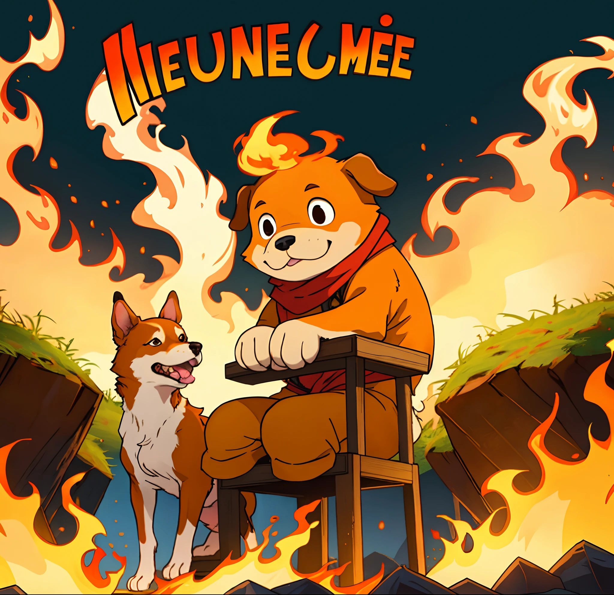 Caricature of a dog sitting on a chair in front of a fire, this-is-fine, Jake le chien, the background is on fire, ❤🔥🍄🌪, this is hell, adventure time cartoon, Il y a du feu partout, but can only be burned, tout est en feu, feu, In the world of adventure, Le feu se reproduit dans la vraie vie