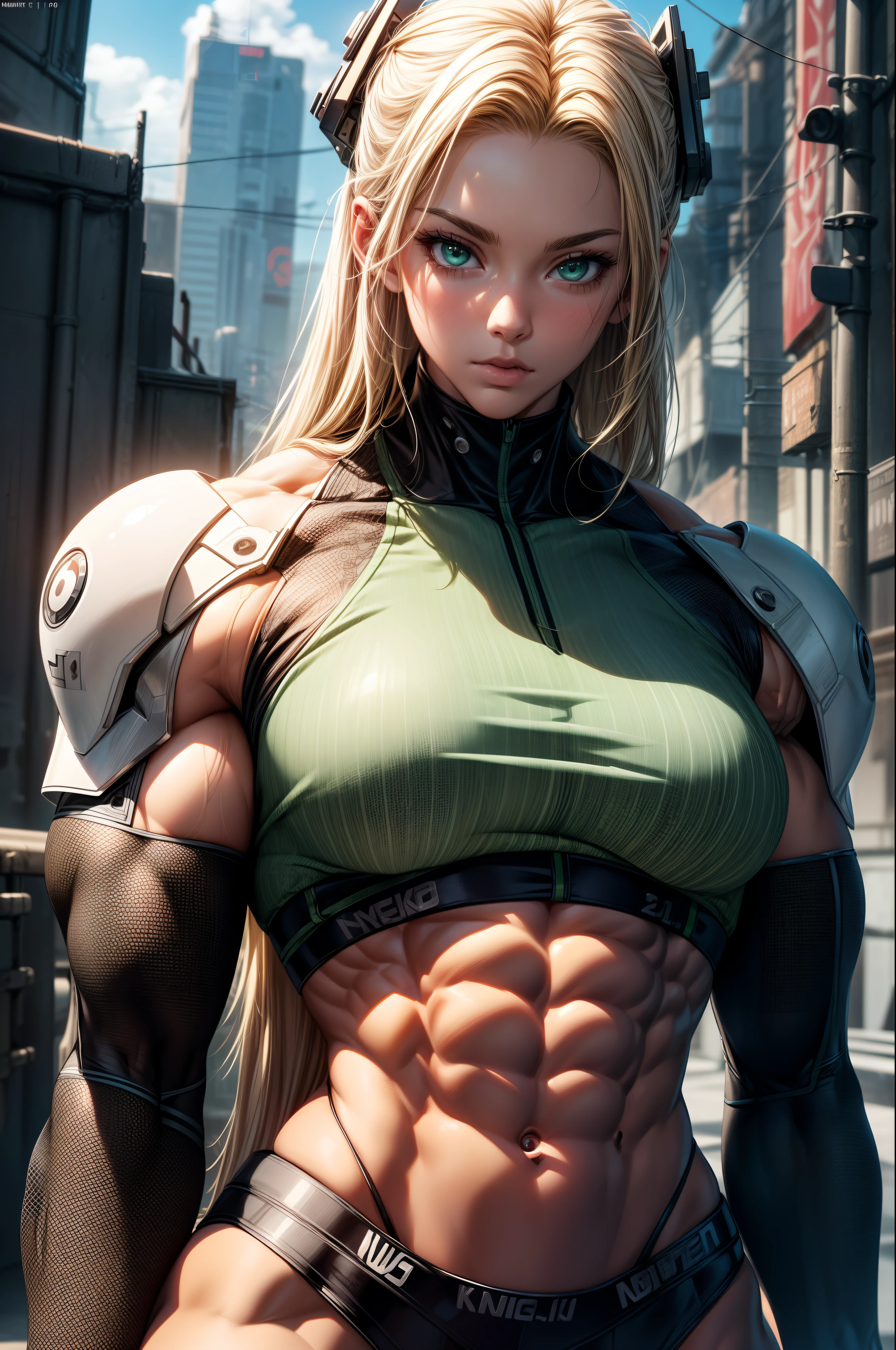 masterpiece, best quality:1.2), ((muscular:1.5)) ((female:1.5)),busty,curvy,Masterpiece, Best Quality, Film, Official Art, Propaganda Art, Movie Wallpaper, Very Detailed CG Unified 4k Wallpaper, Intricate Details, White Background, Upper Body, Facial Focus, Concept Art, Production Art, ( , Highres, (realistic, photo-realistic:1.2), physically-based rendering, machinery, reflection, realistic, cyberpunk, symmetric front view close up head shot eyes symmetry face very sharp focus realistic award winning matte drawing movie light 1 boy, mecha, (Illustration: 1.1), slim, fair skin, delicate face, king robe, shine, tights, (long blonde hair), green eyes, battlefield, chip, shine, sword