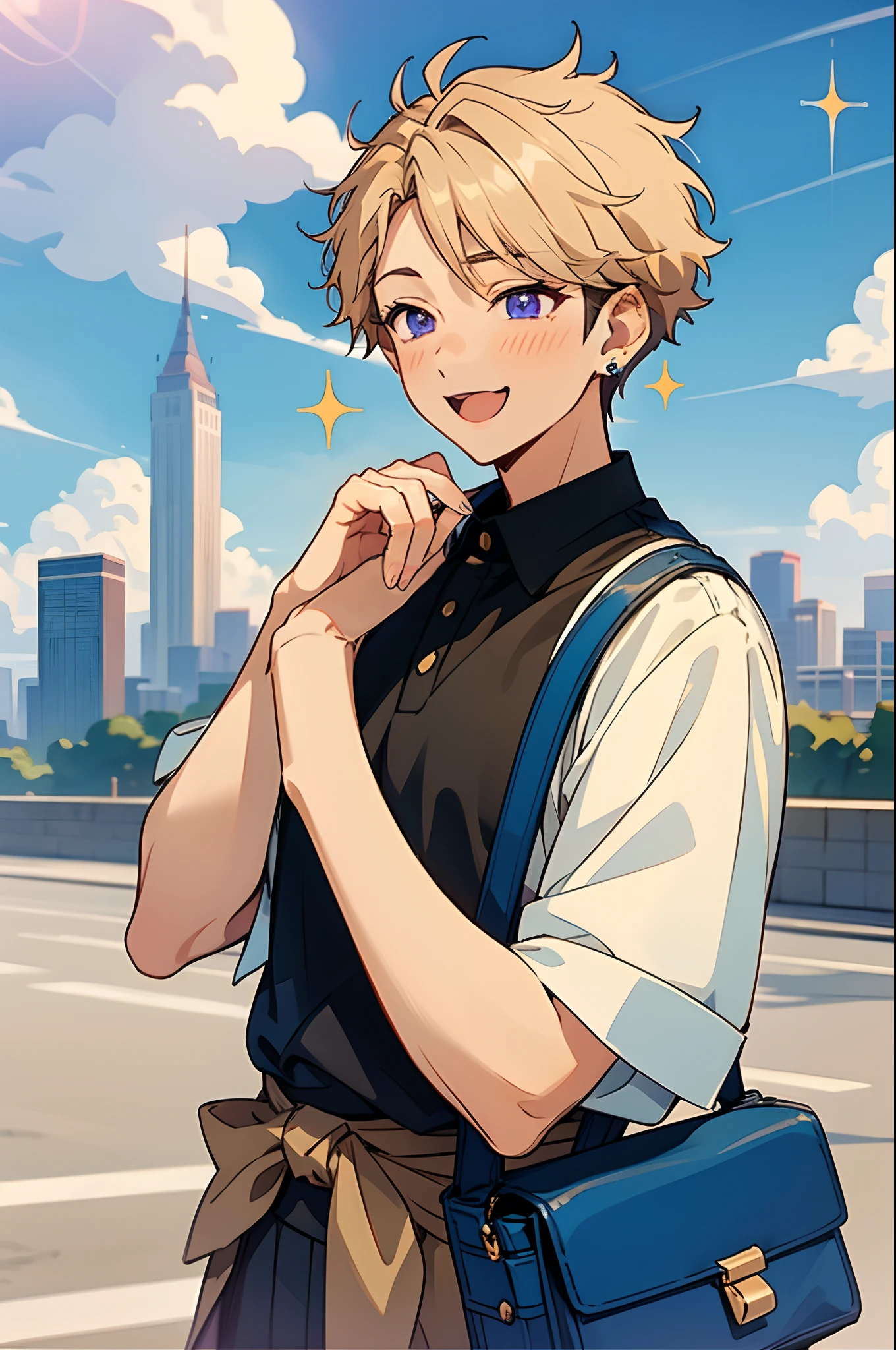 ,arashi, solo, blush, smile, short hair, open mouth, blue eyes, blonde hair, shirt, 1boy, jewelry, purple eyes, upper body, male focus, earrings, outdoors, sky, day, cloud, bag, blue sky, black shirt, sparkle, :3,own hands together, building, shoulder bag, city