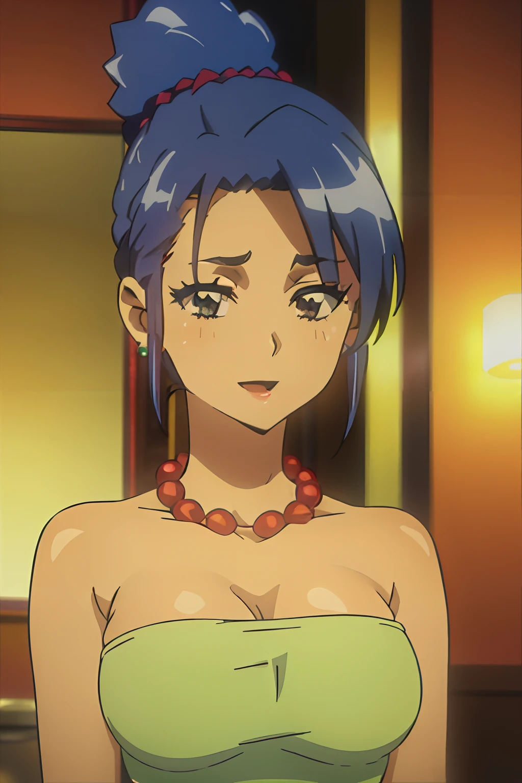 1girl, solo, jewelry, (((blue hair 1.8))), apron, necklace, earrings, smile, open mouth, looking at viewer, (top knot, brown eyes, upper body, hair up, shirt, ((red pearl necklace)), sleeveless, mature female, black eyes, :d, alternate hairstyle, collarbone, long hair, indoors, makeup, beads, blurry, short hair, stud earrings, updo, lipstick, bead necklace, empty eyes, bangs, blurry background,marge simpson,strapless, short dress, strapless dress, huge breasts, ((green dress))