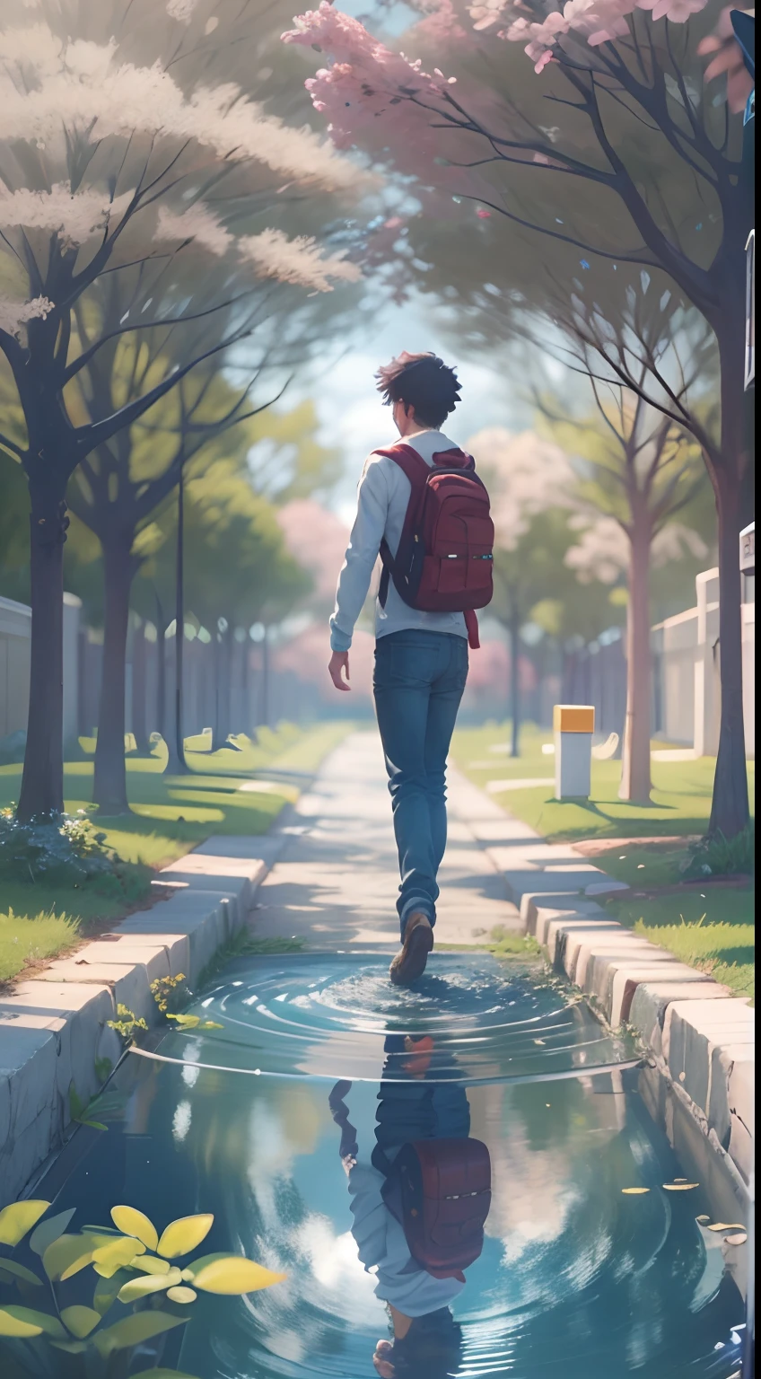 an university male student ,walk through the university campus, spring, (beautiful waterhole reflection), on the flag stone path, breeze blow ,(anime style), (cinematic lighting), (ray tracing), ((reflection light)), ((half-body-shot)), atmospheric perspective, masterpiece, accurate, ((best quality)), high quality, super detail, high details, anatomically correct, highRes, 1080p,