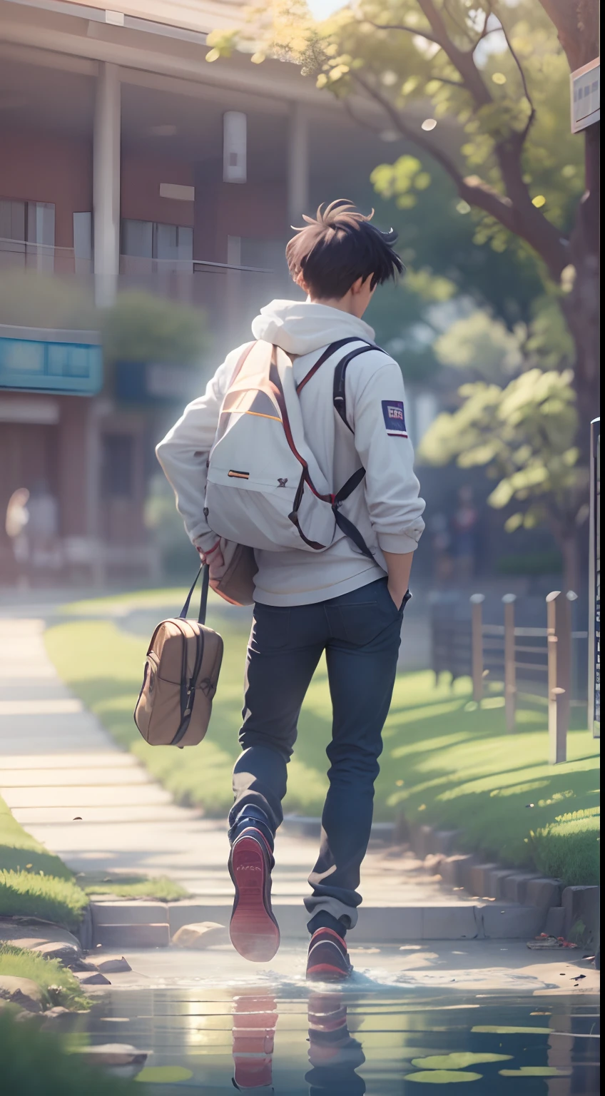 an university male student ,walk through the university campus, spring, (beautiful waterhole reflection), on the flag stone path, breeze blow ,(anime style), (cinematic lighting), (ray tracing), ((reflection light)), ((half-body-shot)), atmospheric perspective, masterpiece, accurate, ((best quality)), high quality, super detail, high details, anatomically correct, highRes, 1080p,