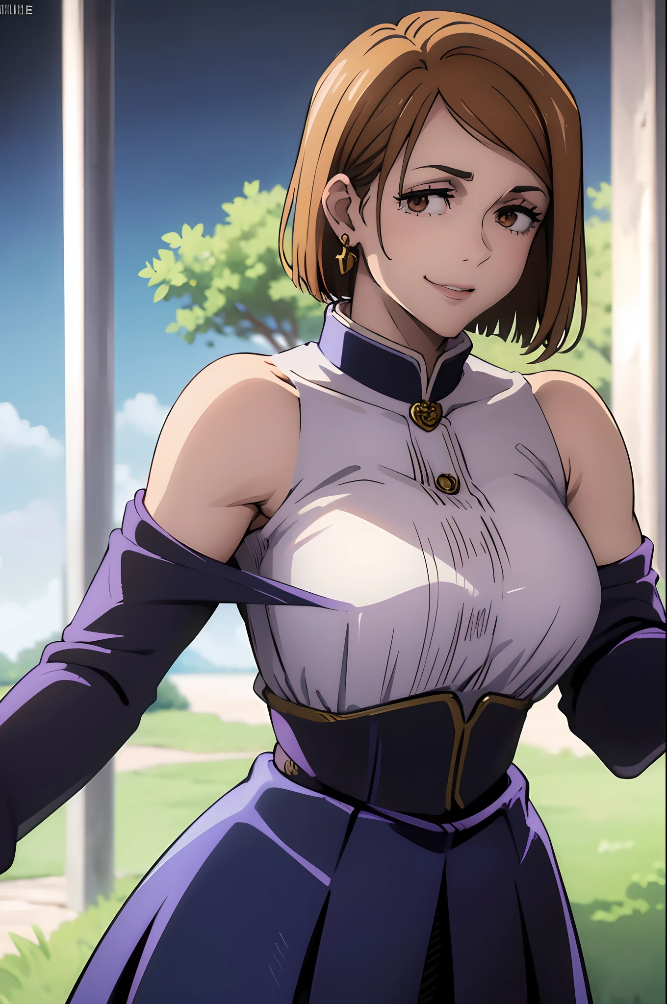 Masterpiece, Best quality, (highly detailed, finedetail), (Best quality), beautiful lighting, ((seins enormes, fille mince)), hentai ,Very sexy woman,1fille, joaillerie, yeux bruns, sourire, earrings, covered shoulders, with stylish clothes, Cheveux courts couleur brun clair