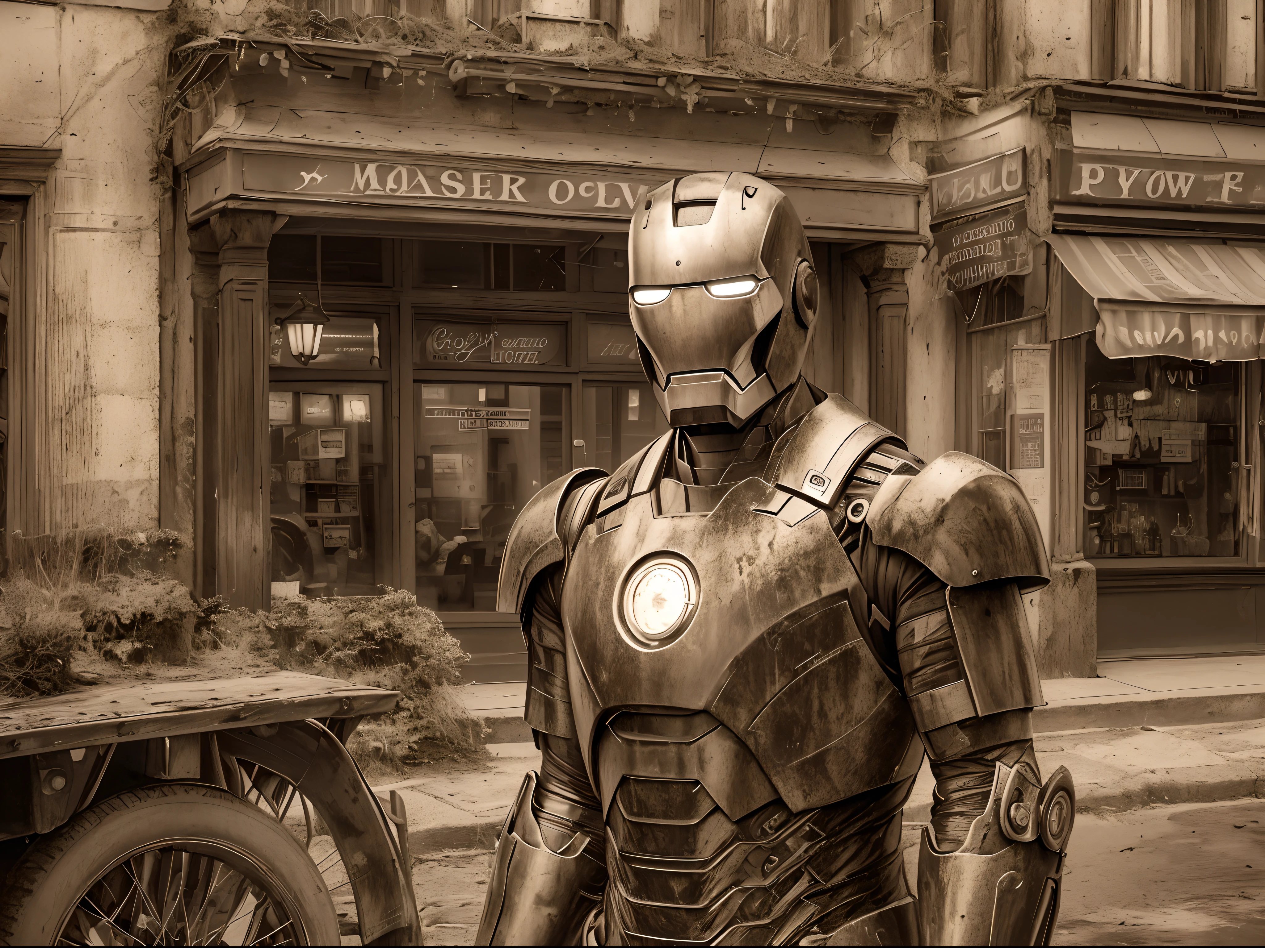 (best quality,4k,8k,highres,masterpiece:1.2), (classical), (Historical photo), (Sepia tone), (noise), ultra-detailed, realistic:1.37, full body shot, Iron Man In the middle of town in 1924, rusty iron, old-fashioned, ancient atmosphere, distortion effect, vintage color tone, soft lighting, grainy texture, black and white, sepia effect, antique film style
