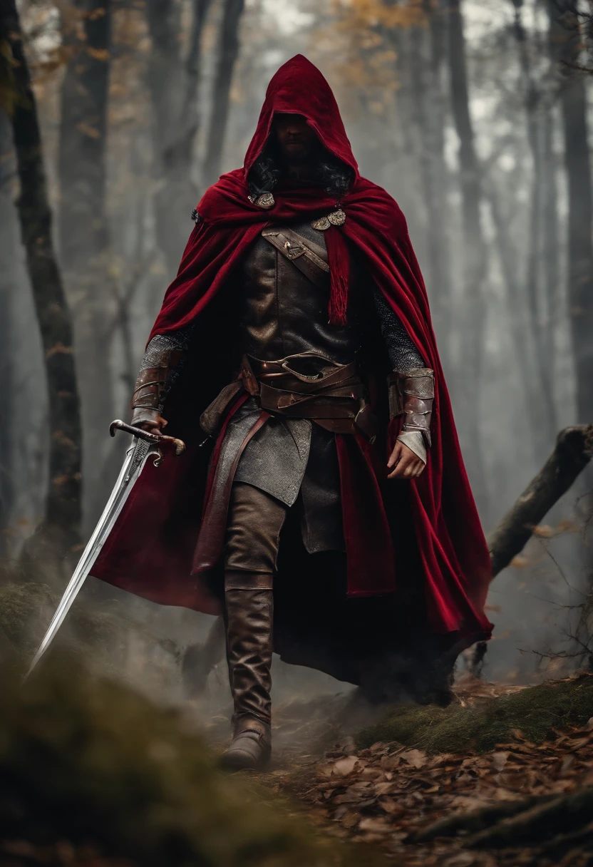 Realistic, 4k, Anjos com asas grandes, roupas pretas, uma espada, Hood on head in war background image (caos)